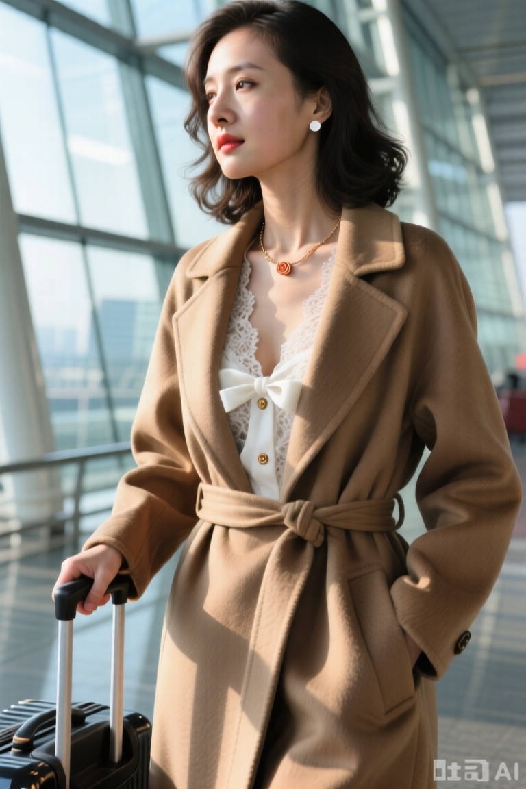 12K 动态抓拍模式,女性穿驼色双面呢大衣（腰带随意系于腰间）,内搭白色蕾丝衬衫（前襟蝴蝶结设计,解开两颗纽扣）。乳沟在蕾丝间隙中若隐若现,搭配玫瑰金锁骨链。右手拉登机箱,背景为机场玻璃幕墙（清晨阳光斜射入内）,侧光在胸部形成三角形高光区,乳沟阴影与大衣褶皱形成韵律感。发型为微卷锁骨发,耳饰为简约白金耳钉,口红选择西柚色水光款。体现都市精英的干练与不经意的性感。
