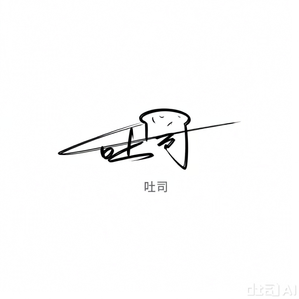 一幅简洁的签名字体“吐司”,吐司面包与字体完美融合,以黑色线条在白色背景上勾勒出流畅而有力的笔触。字体呈现出一种独特的艺术风格,线条粗细变化自然,展现出书写者的精湛技艺和深厚功底。整体布局简约而不失韵味,给人以宁静与雅致之感。