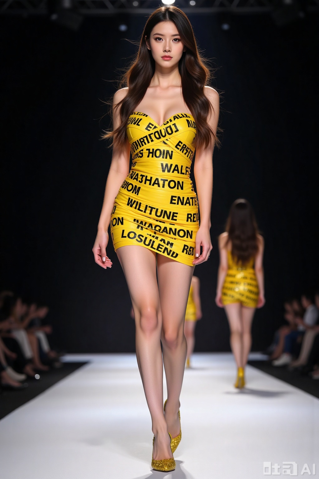 Realistic photo of a young woman with long hair, fair skin, big breasts, yellow text tape dress, long legs, yellow sequined heels, full body, fashionable catwalk stage, perspective lens,