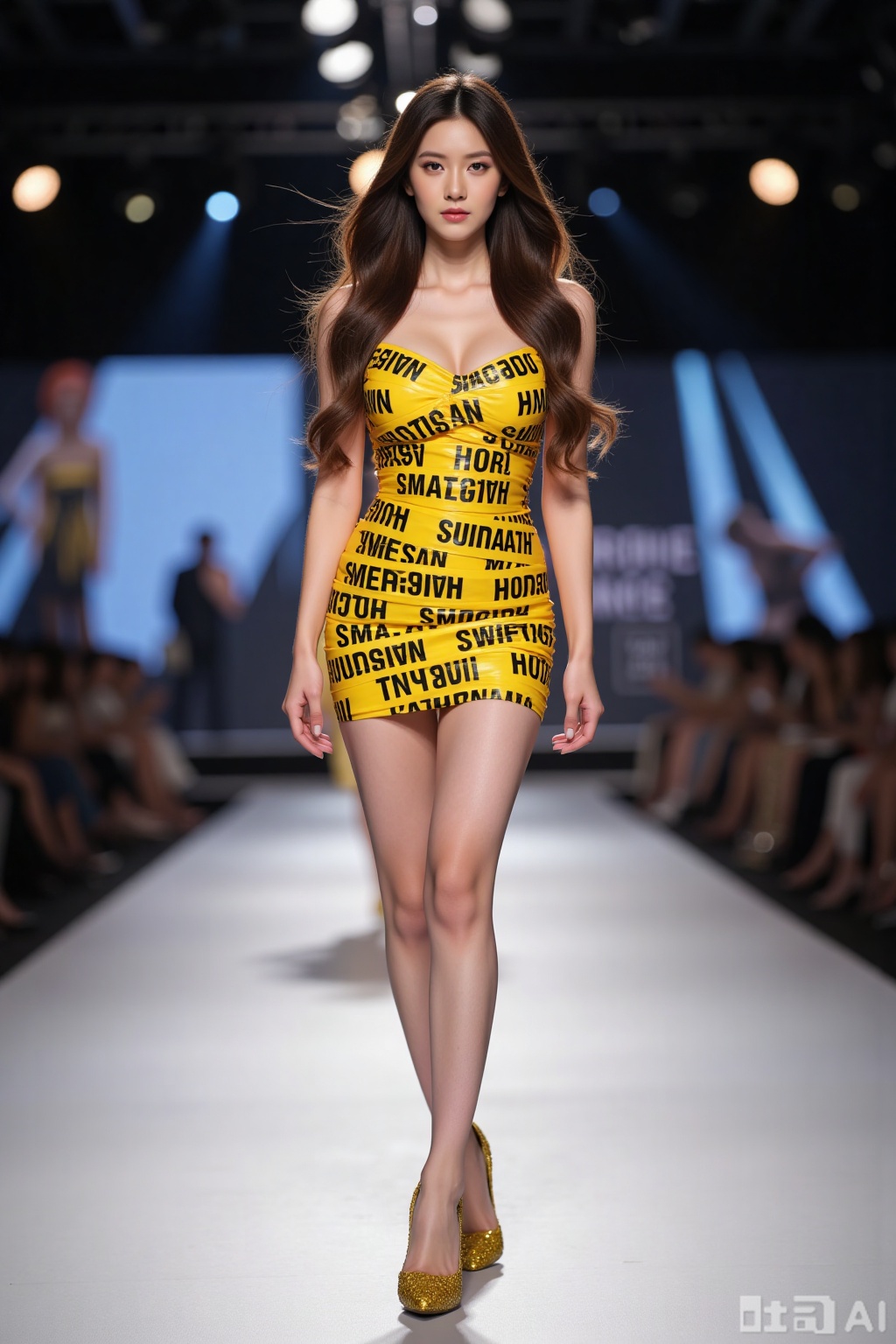 Realistic photo of a young woman with long hair, fair skin, big breasts, yellow text tape dress, long legs, yellow sequined heels, full body, fashionable catwalk stage, perspective lens,