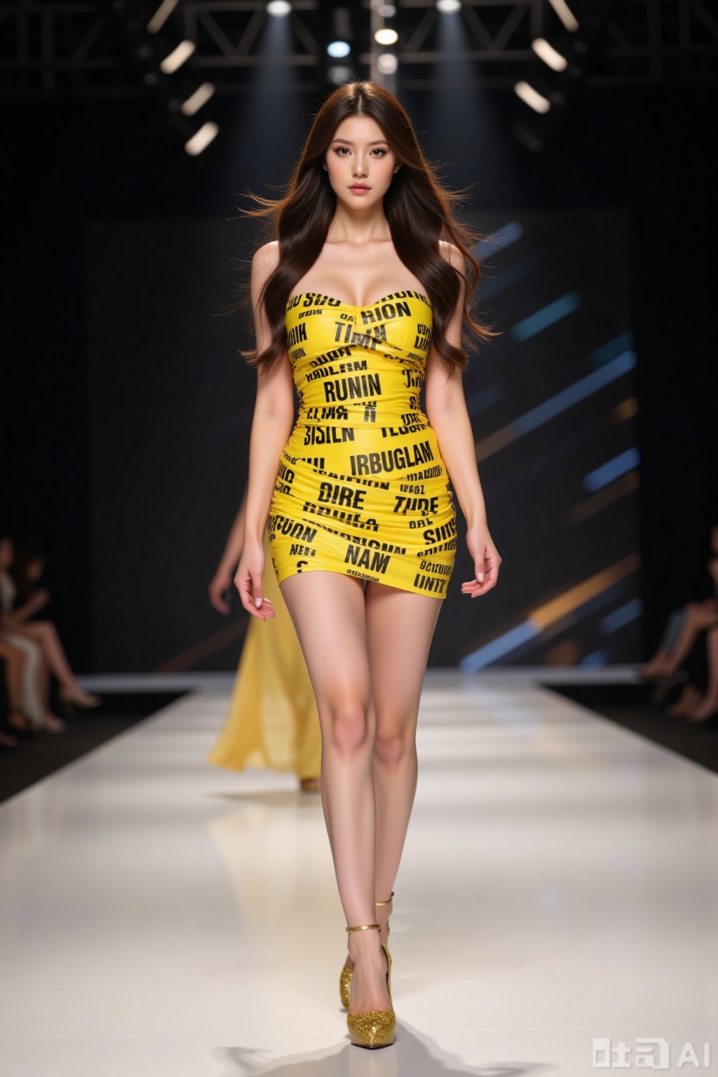 Realistic photo of a young woman with long hair, fair skin, big breasts, yellow text tape dress, long legs, yellow sequined heels, full body, fashionable catwalk stage, perspective lens,