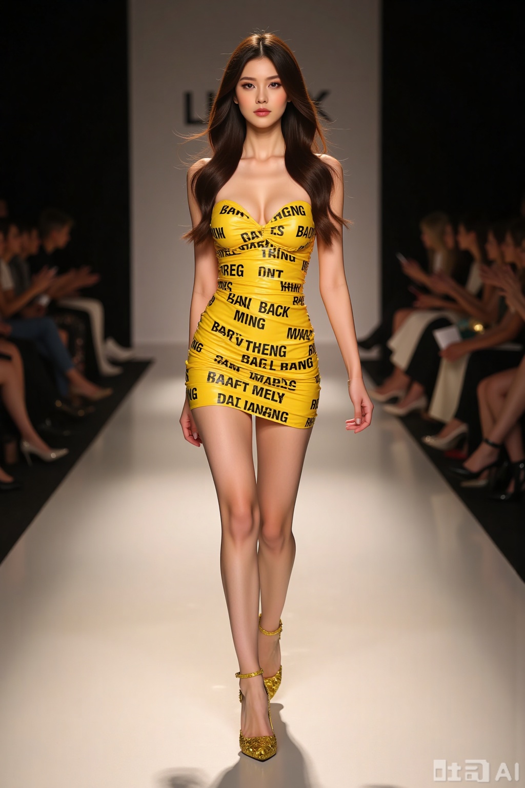 Realistic photo of a young woman with long hair, fair skin, big breasts, yellow text tape dress, long legs, yellow sequined heels, full body, fashionable catwalk stage, perspective lens,