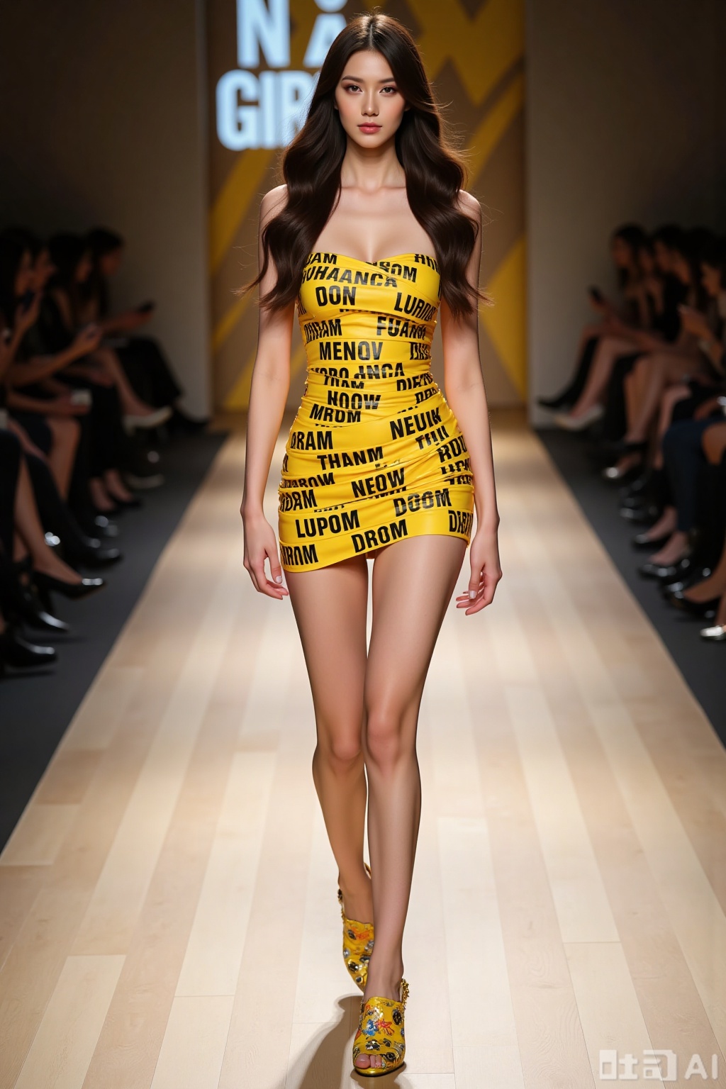 Realistic photo of a young woman with long hair, fair skin, big breasts, yellow text tape dress, long legs, yellow sequined heels, full body, fashionable catwalk stage, perspective lens,