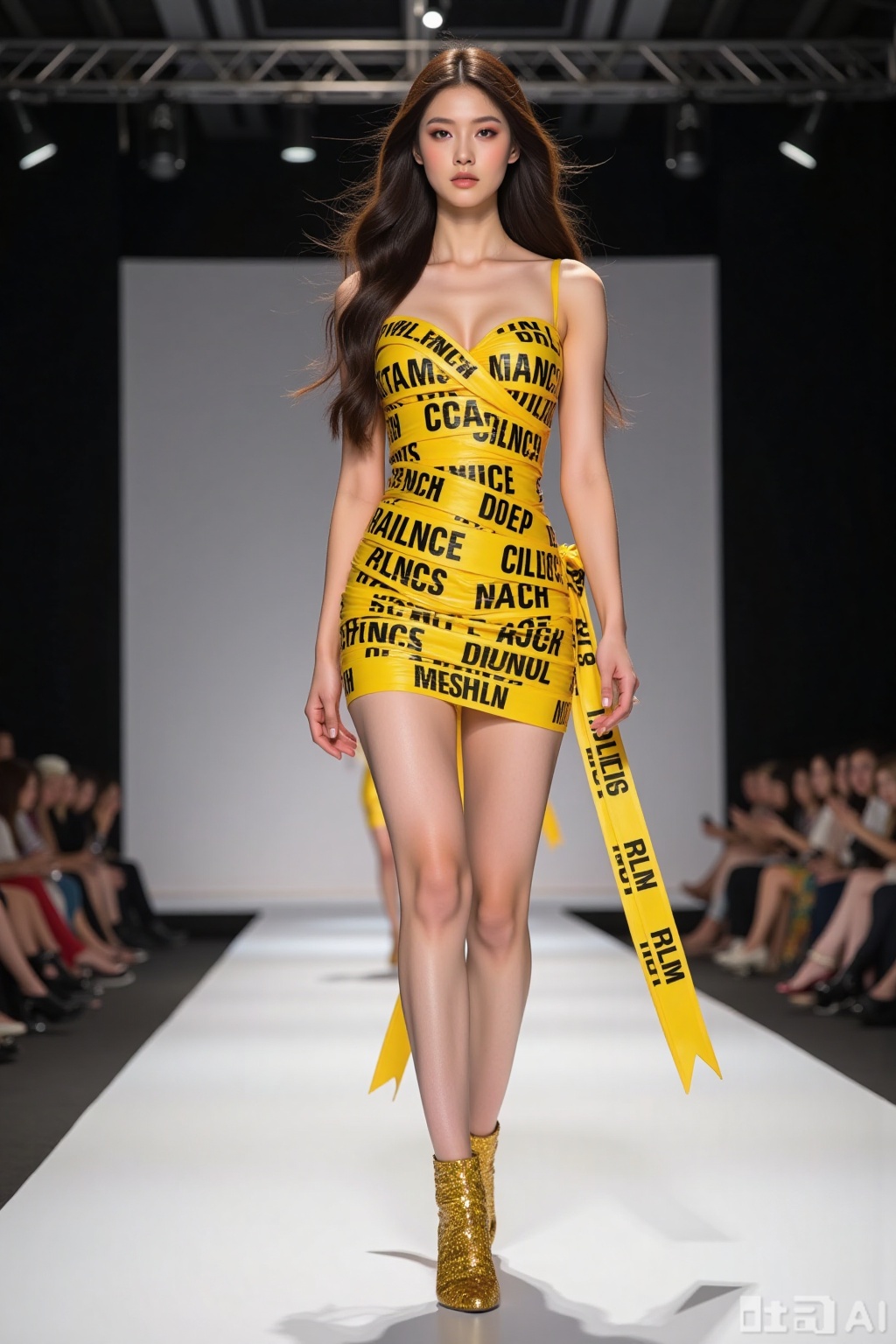 Realistic photo of a young woman with long hair, fair skin, big breasts, yellow text tape dress, long legs, yellow sequined heels, full body, fashionable catwalk stage, perspective lens,