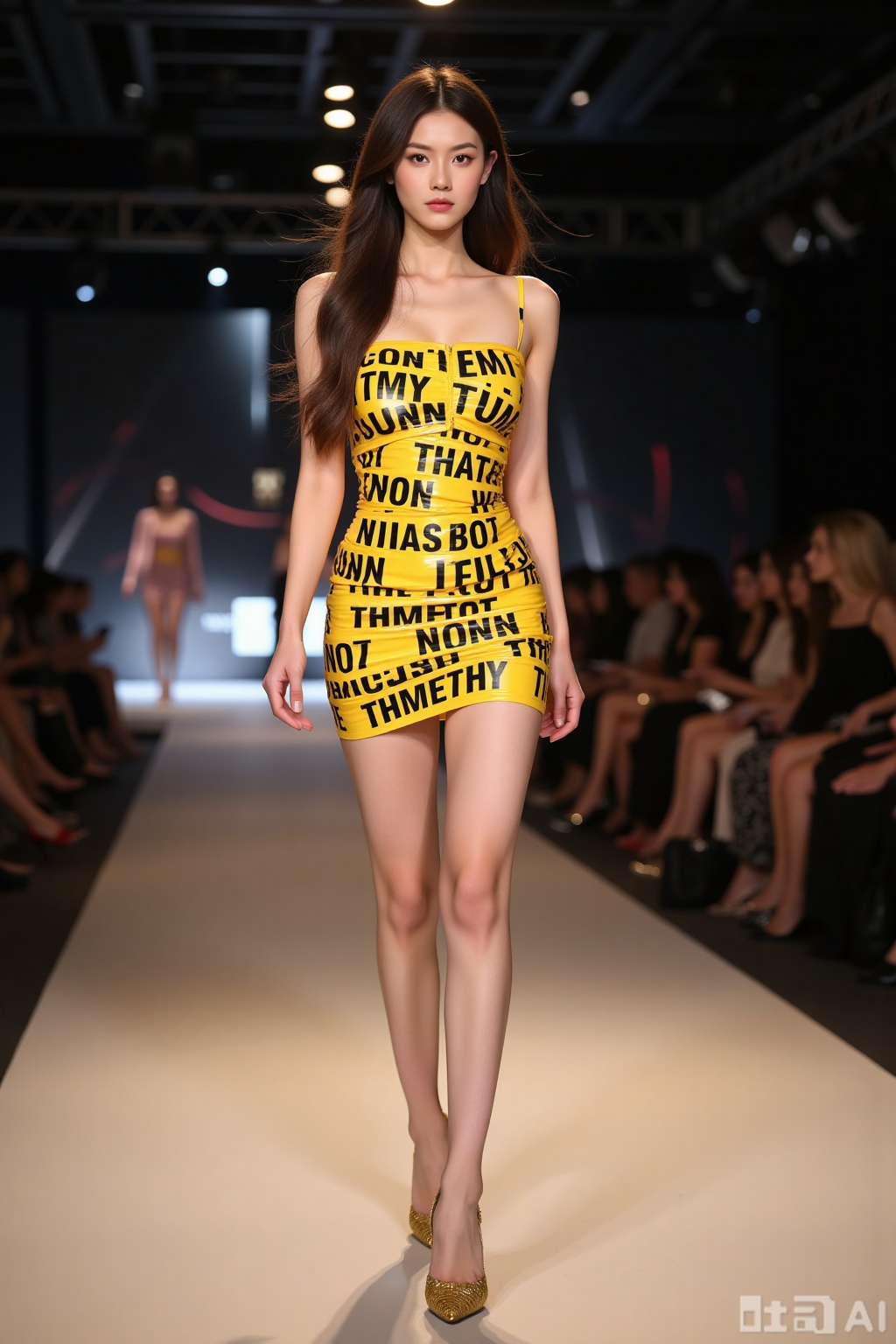 Realistic photo of a young woman with long hair, fair skin, big breasts, yellow text tape dress, long legs, yellow sequined heels, full body, fashionable catwalk stage, perspective lens,