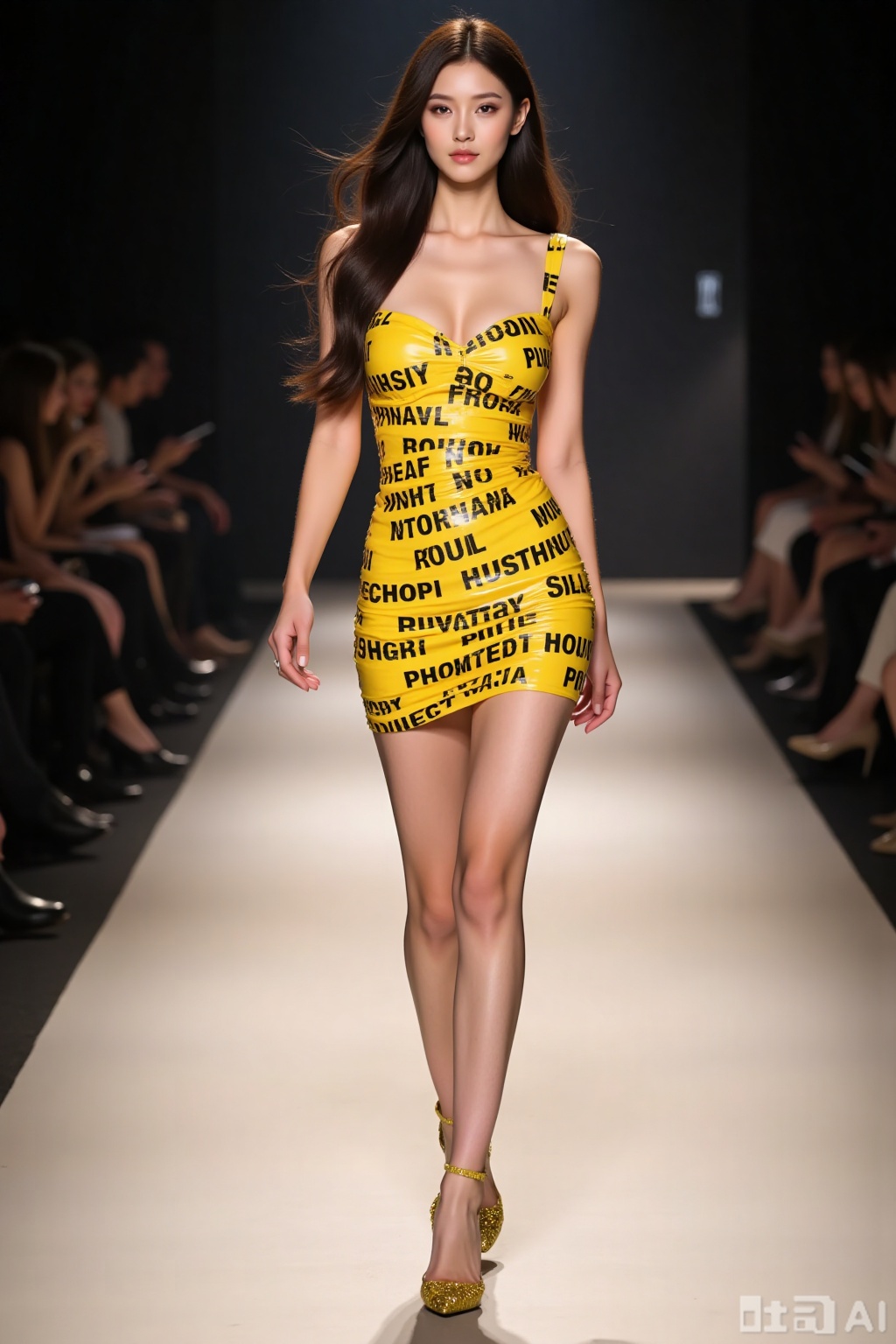Realistic photo of a young woman with long hair, fair skin, big breasts, yellow text tape dress, long legs, yellow sequined heels, full body, fashionable catwalk stage, perspective lens,