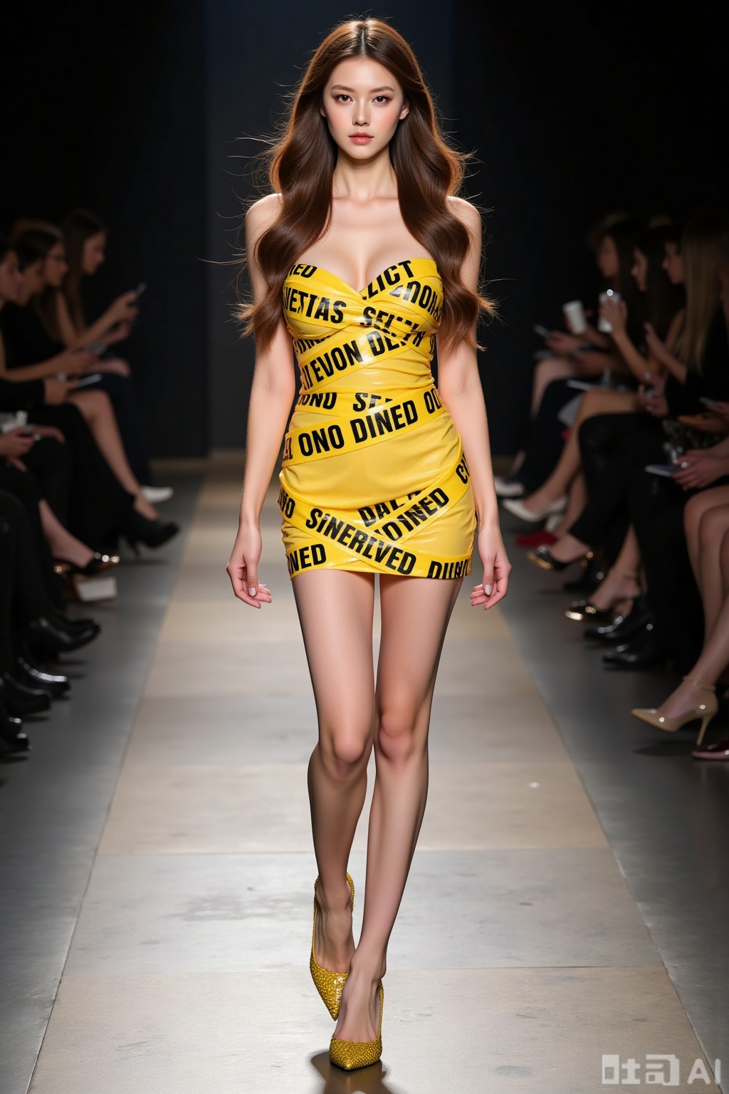 Realistic photo of a young woman with long hair, fair skin, big breasts, yellow text tape dress, long legs, yellow sequined heels, full body, fashionable catwalk stage, perspective lens,