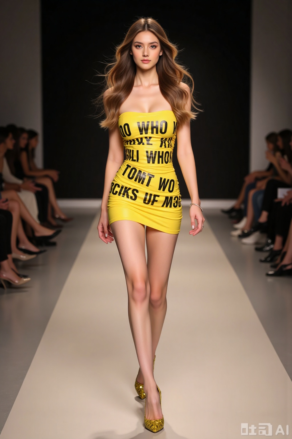 Realistic photo of a young woman with long hair, fair skin, big breasts, yellow text tape dress, long legs, yellow sequined heels, full body, fashionable catwalk stage, perspective lens,