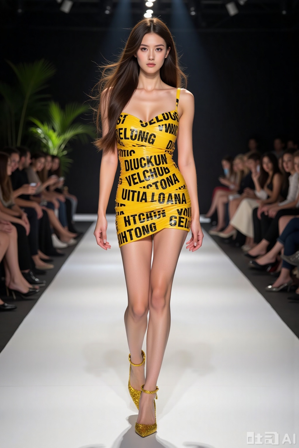 Realistic photo of a young woman with long hair, fair skin, big breasts, yellow text tape dress, long legs, yellow sequined heels, full body, fashionable catwalk stage, perspective lens,