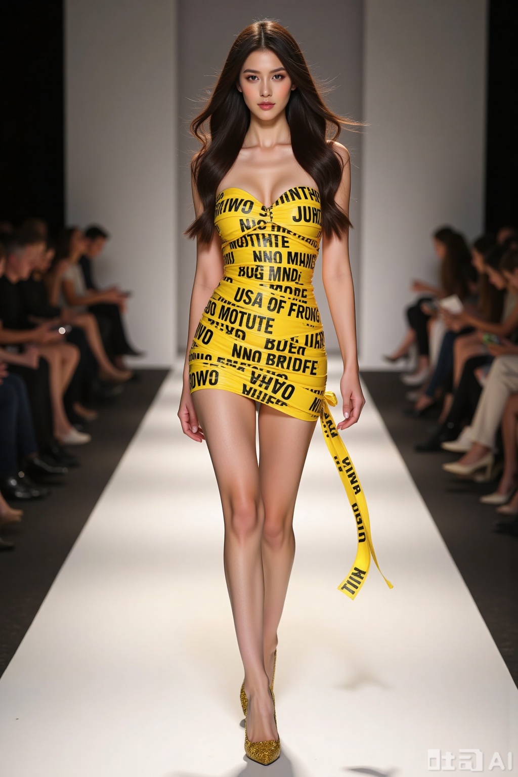 Realistic photo of a young woman with long hair, fair skin, big breasts, yellow text tape dress, long legs, yellow sequined heels, full body, fashionable catwalk stage, perspective lens,