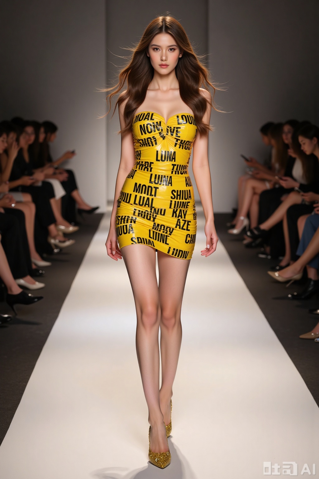 Realistic photo of a young woman with long hair, fair skin, big breasts, yellow text tape dress, long legs, yellow sequined heels, full body, fashionable catwalk stage, perspective lens,