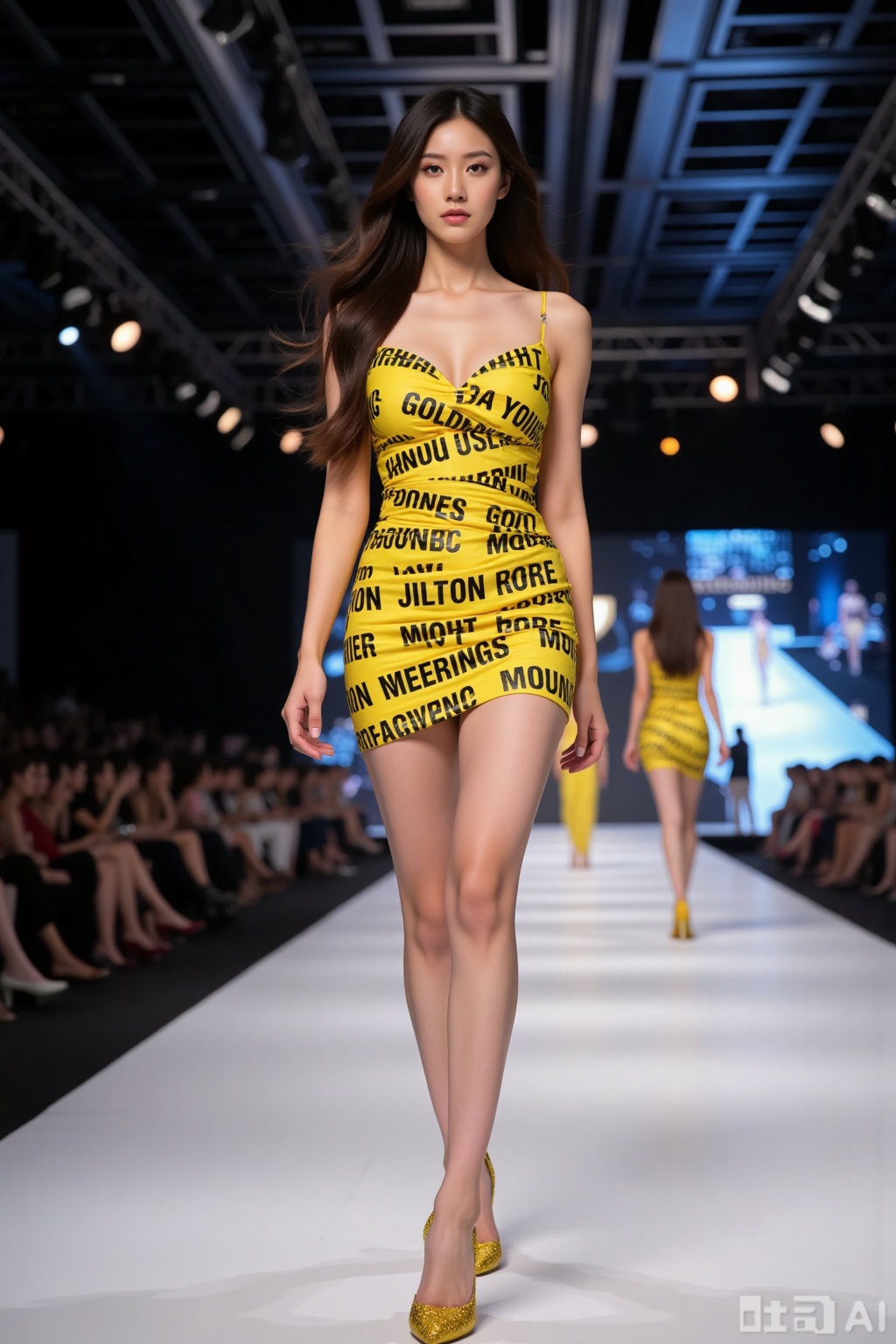 Realistic photo of a young woman with long hair, fair skin, big breasts, yellow text tape dress, long legs, yellow sequined heels, full body, fashionable catwalk stage, perspective lens,