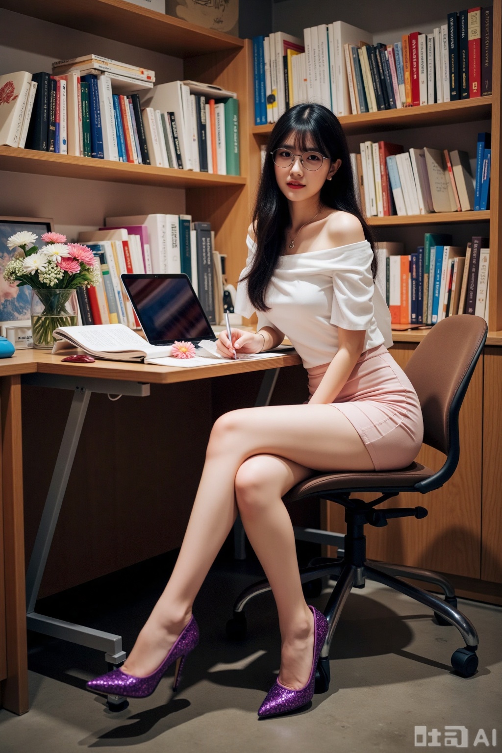 Realistic photo of a young woman with long hair, glasses, fair skin, big breasts, off-shoulder shirt, short pencil skirt, long legs, purple sequin heels, full body, sitting, study room, books, laptop, flowers,