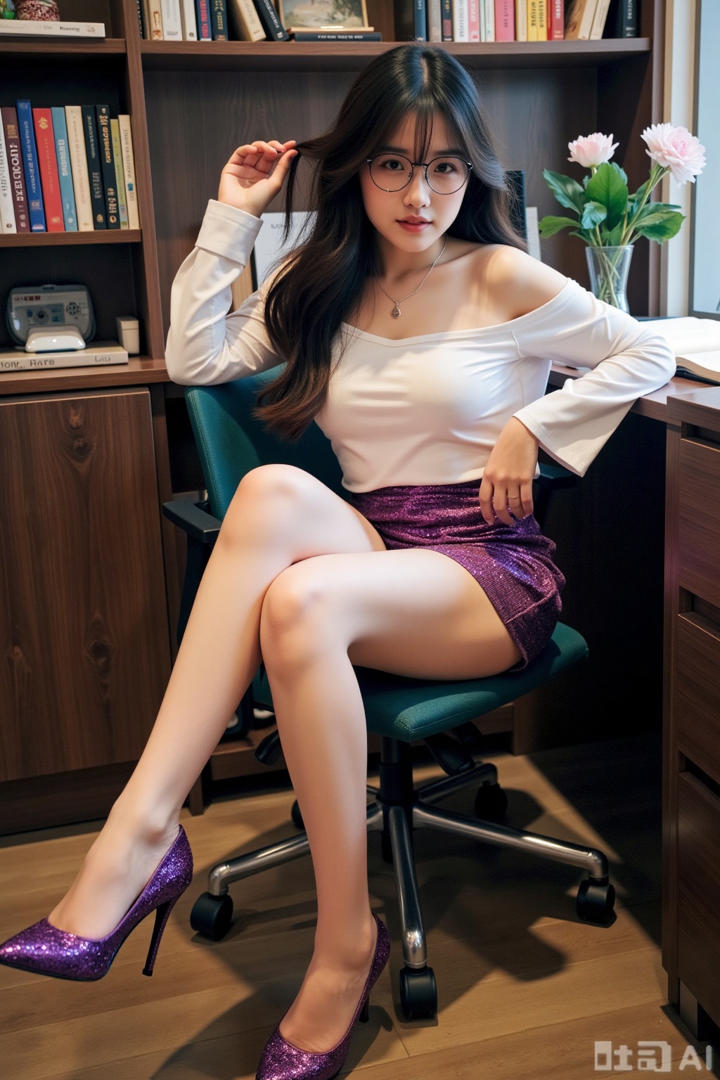 Realistic photo of a young woman with long hair, glasses, fair skin, big breasts, off-shoulder shirt, short pencil skirt, long legs, purple sequin heels, full body, sitting, study room, books, laptop, flowers,