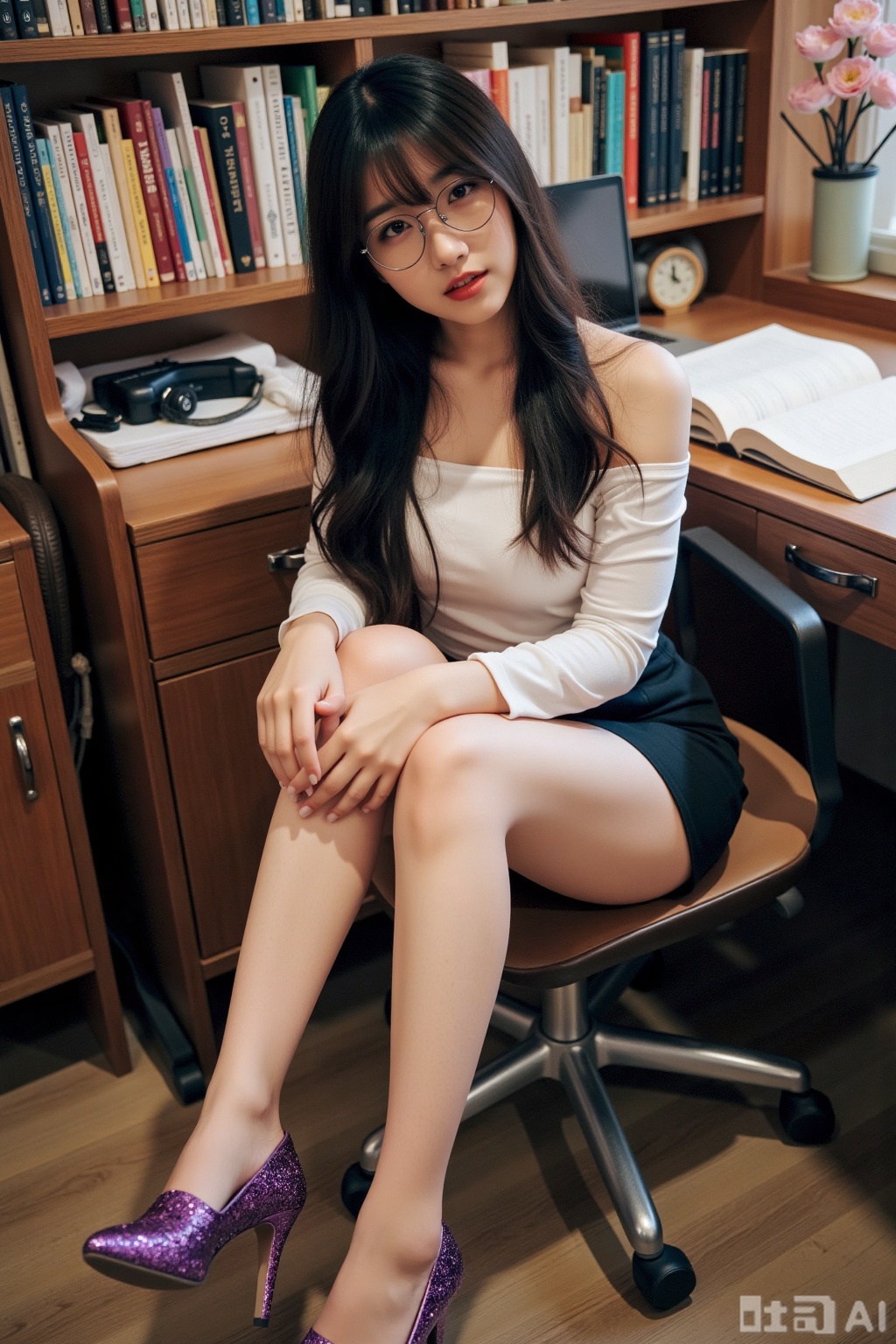 Realistic photo of a young woman with long hair, glasses, fair skin, big breasts, off-shoulder shirt, short pencil skirt, long legs, purple sequin heels, full body, sitting, study room, books, laptop, flowers,