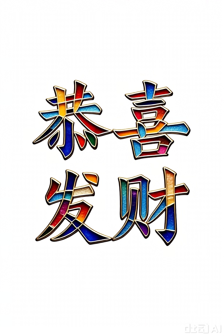 文字"恭喜发财",彩色玻璃拼画,浅纯色背景