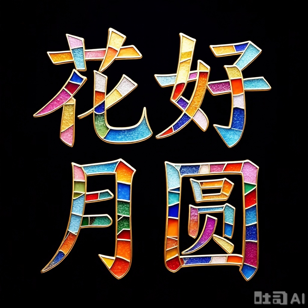 文字"花好月圆",玉质汉字,彩色玻璃拼画,Flower characters