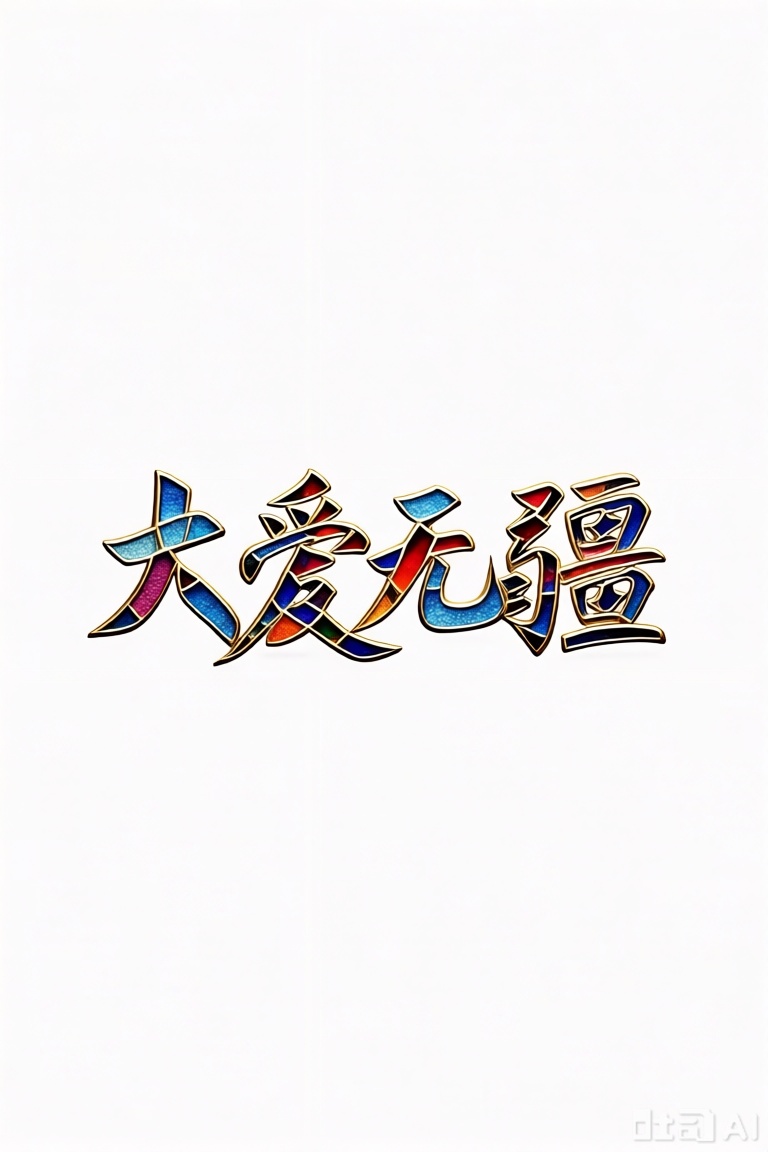 文字"大爱无疆",彩色玻璃拼画,浅纯色背景