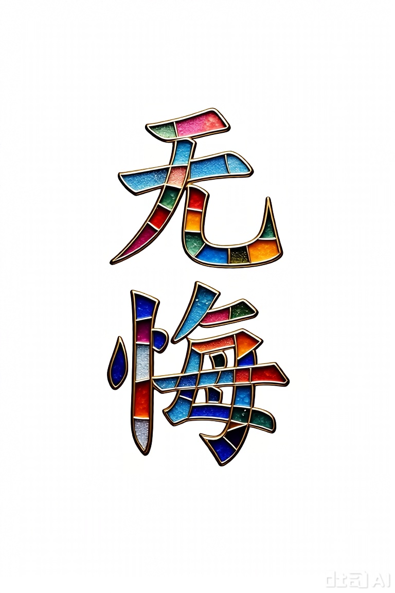 文字"无悔",彩色玻璃拼画,浅纯色背景