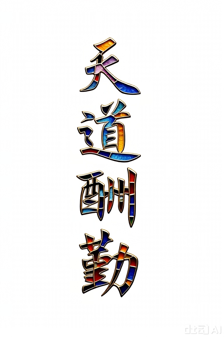 文字"天道酬勤",彩色玻璃拼画,浅纯色背景