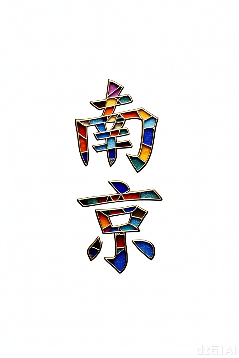 文字"南京",彩色玻璃拼画,浅纯色背景