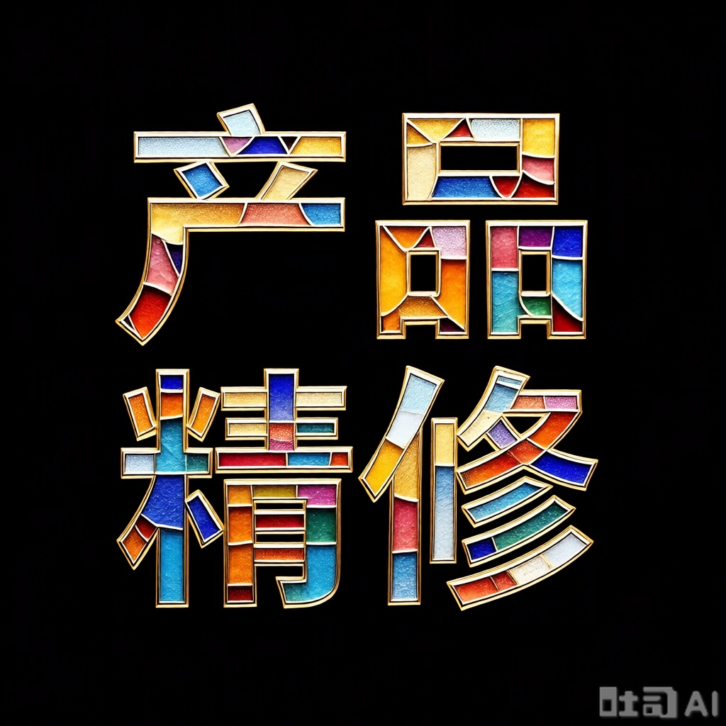 文字"产品精修",玉质汉字,彩色玻璃拼画