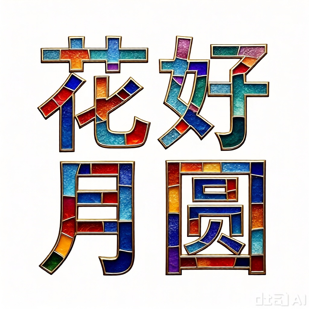 文字"花好月圆",玉质汉字,彩色玻璃拼画