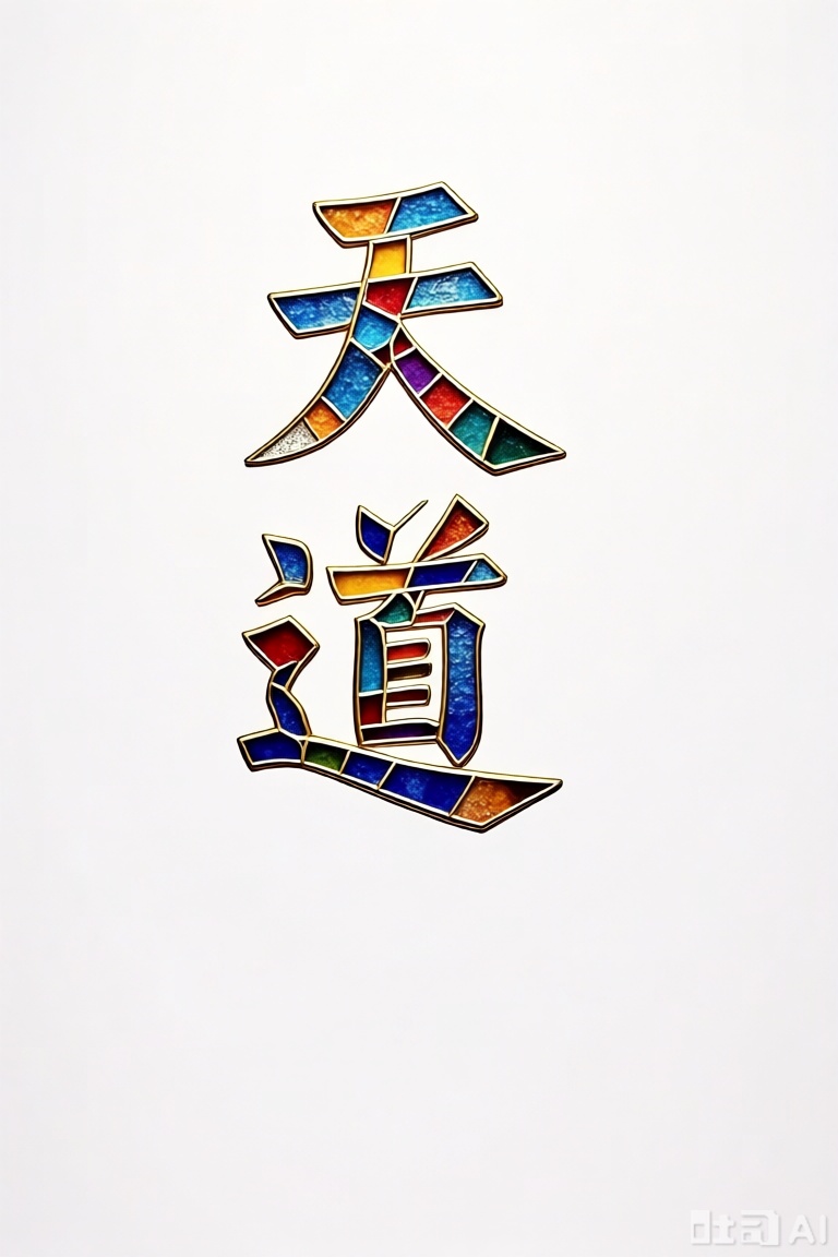 文字"天道",彩色玻璃拼画,浅纯色背景