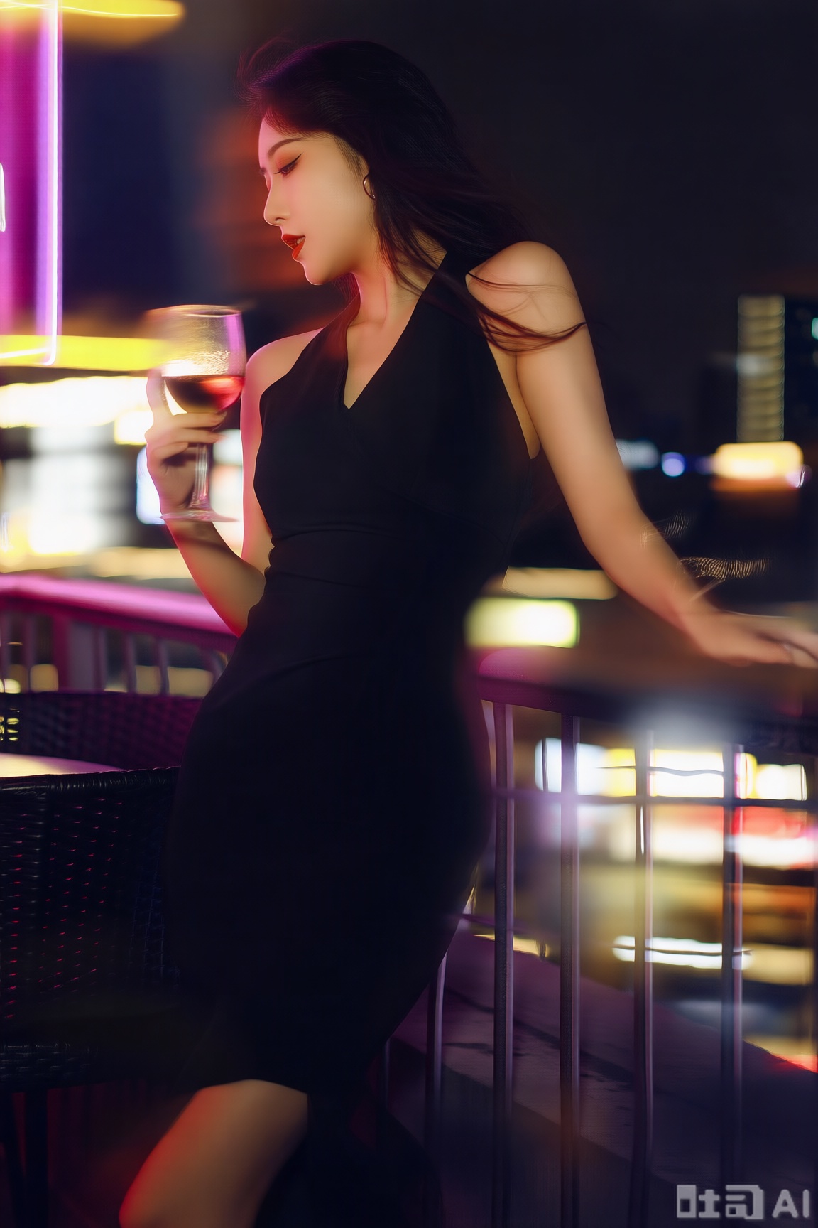 充满魅力的性感女性,穿着黑色修身吊带裙,站在都市的露天酒吧露台,一只手拿着酒杯,身体随着现场的轻音乐轻轻晃动,姿态慵懒又具动感。风格是电影写真的都市夜生活感,酒吧的霓虹灯光与城市夜景的灯光相互交织,形成斑斓的环境光,搭配带有些许朦胧感的渲染,为画面增添迷离氛围,色彩以神秘的黑色与霓虹的粉紫、暖黄为主,背景用动态模糊的露台栏杆外的都市夜景,采用近景视角,凸显女性在都市夜色中享受生活的惬意与性感。。模糊动态背景