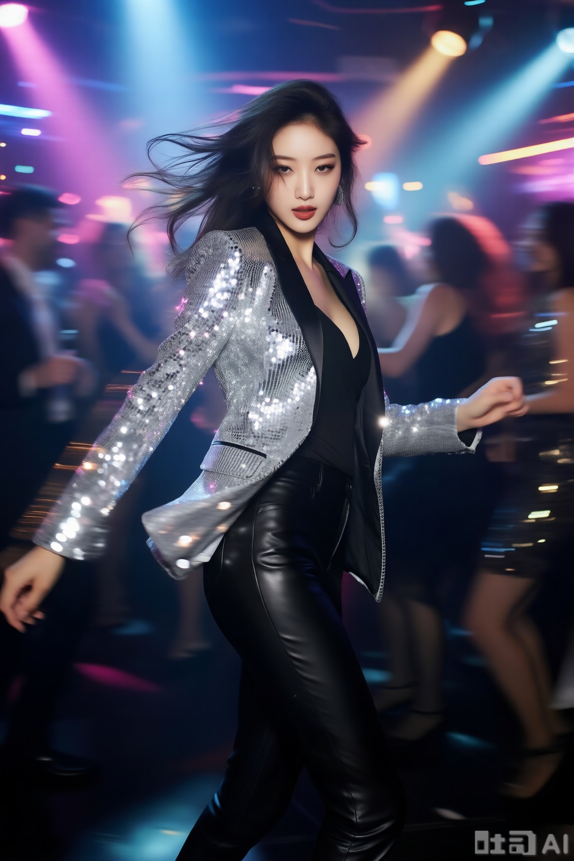 性感白领女性,银色亮片西装外套搭配黑色紧身皮裤,在派对现场随音乐摆动,发丝飞扬动感十足。霓虹射灯形成斑斓光影,高清渲染呈现亮片光泽。背景以多重动态模糊处理舞动人群与闪烁灯光,纵向拉丝与径向虚化结合,色彩银亮与酷黑为主,中景视角捕捉身体扭转瞬间,背景虚化使人物如在流光中穿梭,凸显都市派对的狂热节奏。
