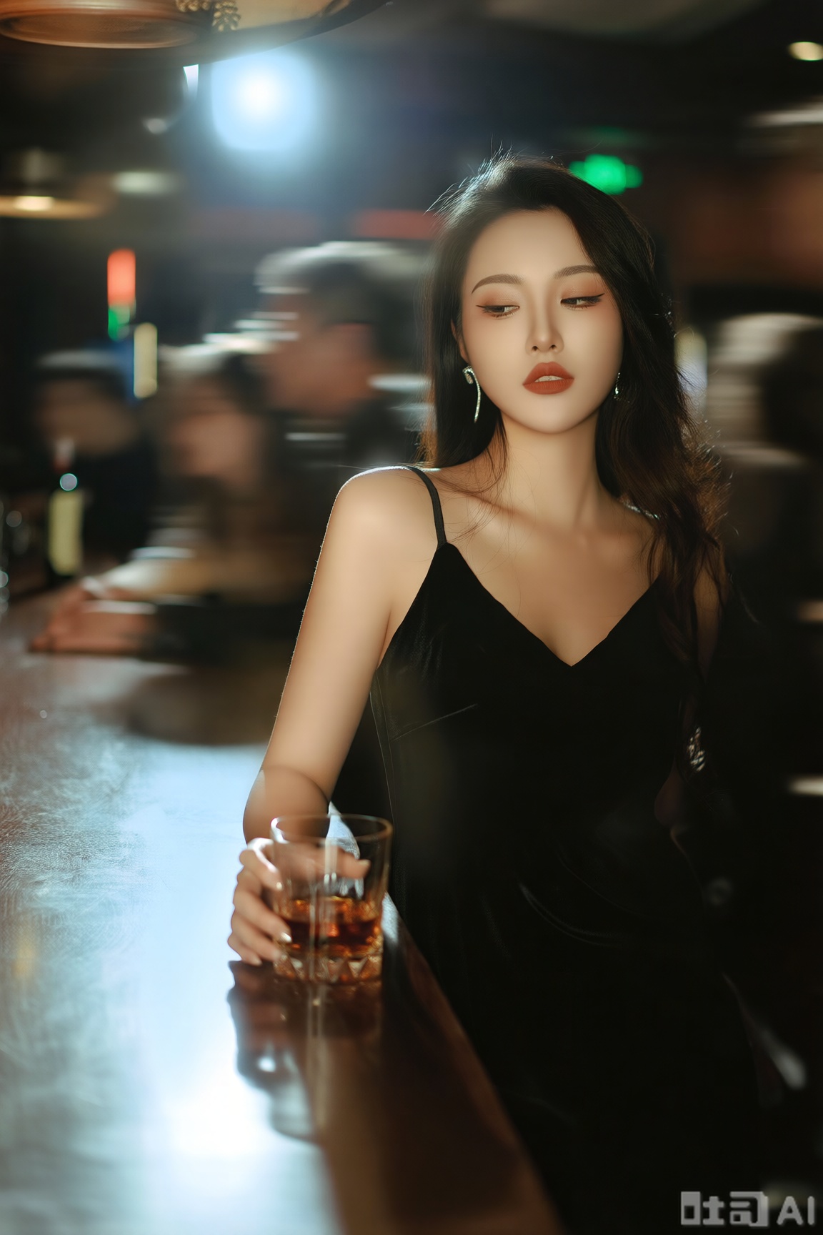 性感女性,她在复古酒吧的吧台旁,身着黑色丝绒吊带裙,手持威士忌杯,眼神慵懒魅惑,整体是电影写真的冷艳风格。吧台上方的冷调射灯局部照亮人物,形成明暗对比,搭配暗调渲染,强化氛围感。色彩以黑色、深棕与酒杯的琥珀色为主,尽显优雅神秘,背景用动态模糊处理酒吧内的人群与灯光,视角选用低角度近景,凸显人物的冷艳气质与精致锁骨。模糊动态背景