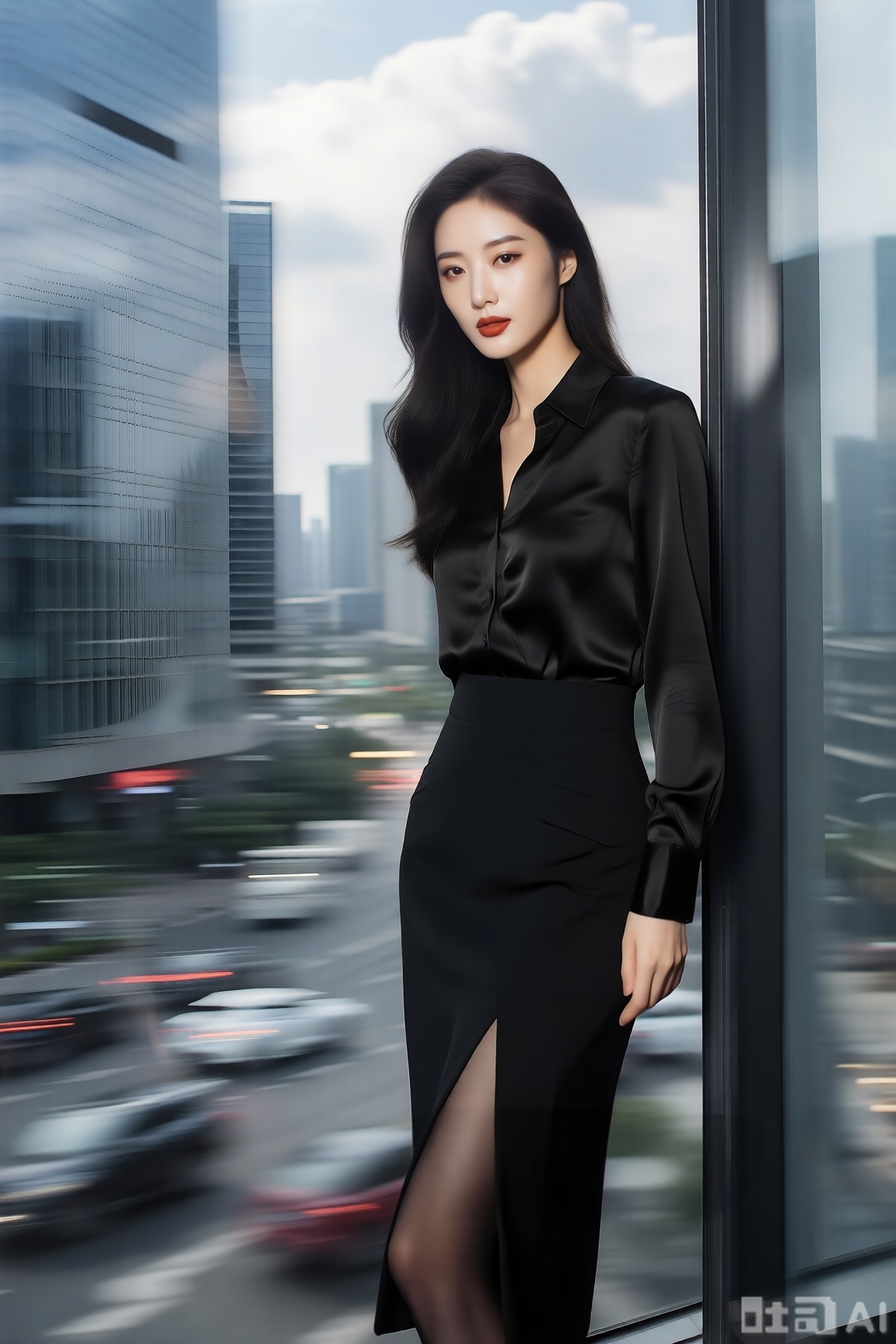 性感白领女性,身着黑色真丝衬衫与高腰开叉西装裙,黑丝,站在写字楼落地窗前轻倚窗框,姿态优雅干练。电影写真风格,冷调自然光勾勒身形,高清写实渲染凸显面料质感。背景以极强动态模糊处理楼下车流与云层,形成横向拉丝光影,色彩以沉黑与窗外城市的浅灰、天蓝为主,中景视角聚焦女性自信神情,背景虚化程度达80%,强化都市快节奏的流动感。