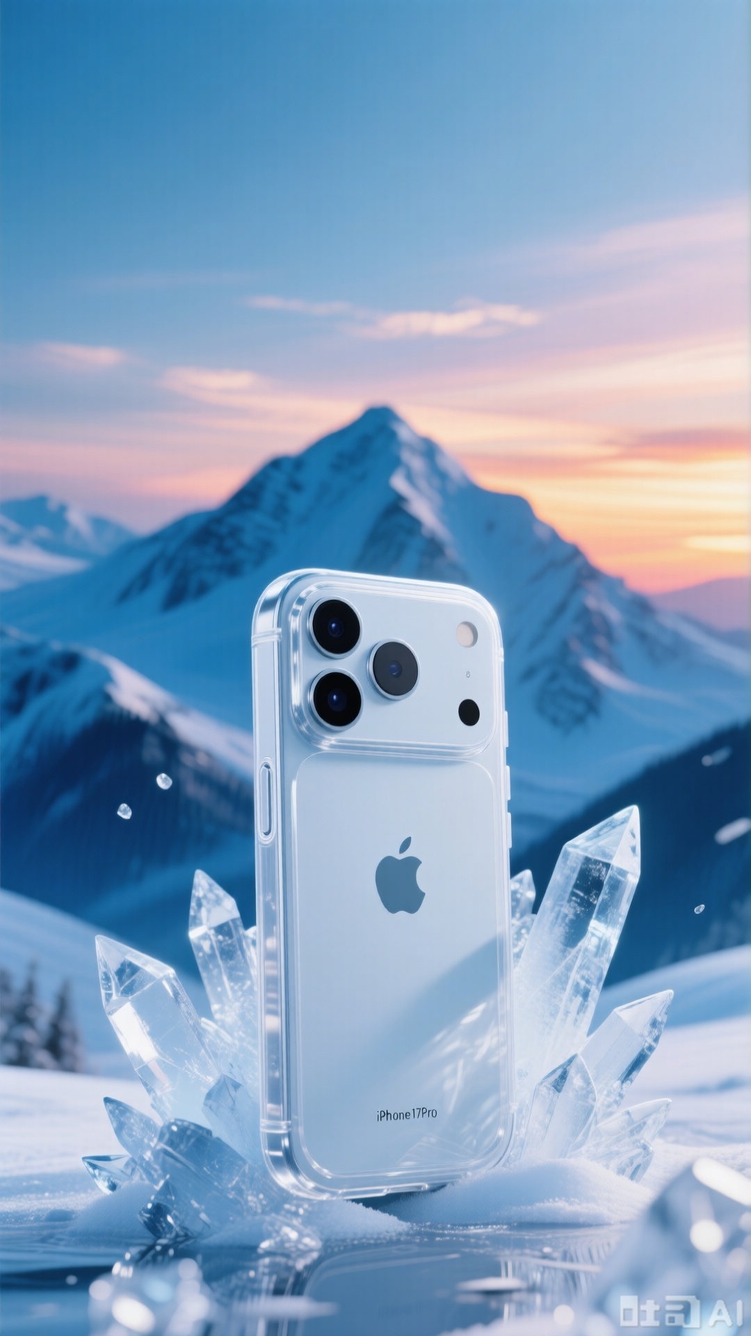 chanpin\(render\),iPhone 17 Pro,chanpin\(render\),Product scene rendering scene, iPhone17 set transparent phone case, surrounded by ice crystals, the background is blue snow mountain, the sky presents sunset color, high quality light and shadow, creating a cool tone, natural light, professional color grading, clear focus,XlujiajiaQw,XmupeulingHY3,XiPhone17Pro