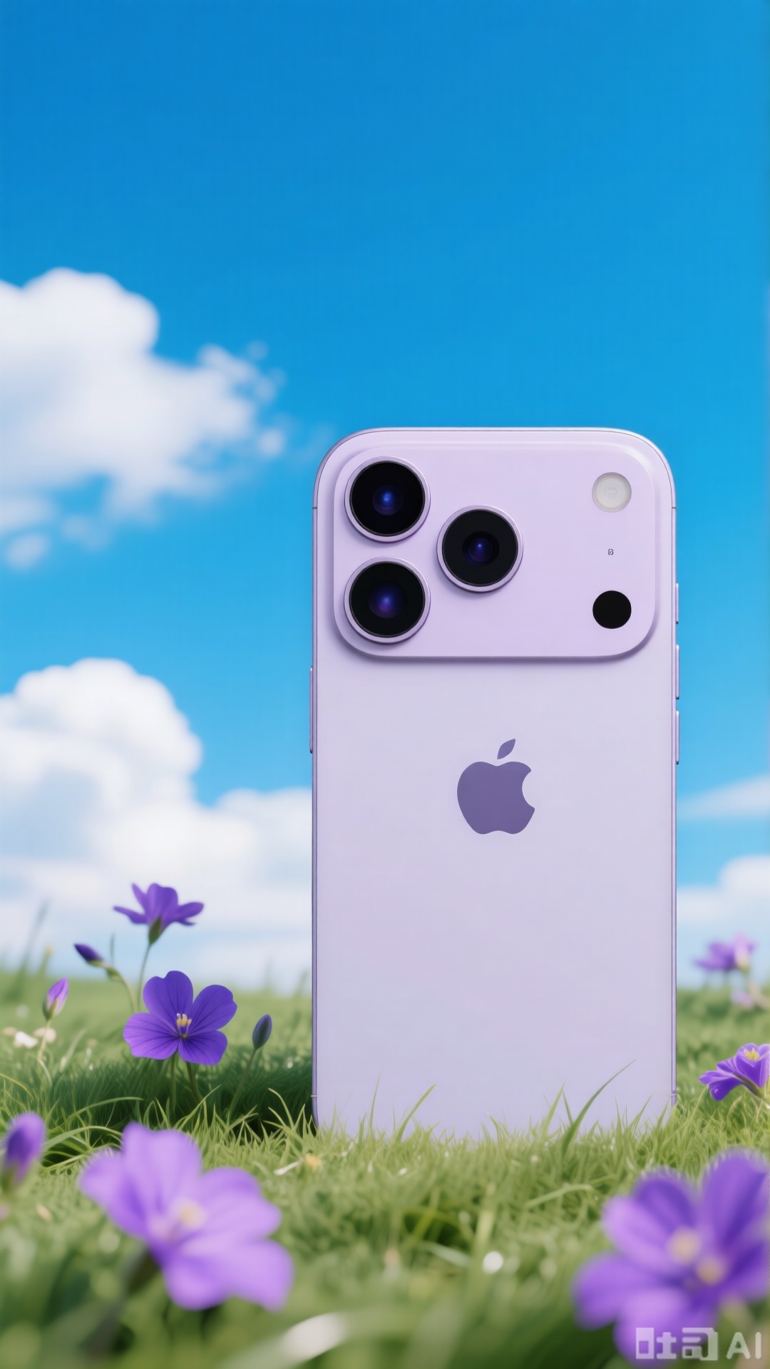 (masterpiece:1.2),best quality,An e-commerce photography image featuring a iPhone 17 air smartphone against a blue sky and white clouds,with purple flowers on the grass in the background.,,XlujiajiaQw,XmupeulingHY3,XiPhone17Pro