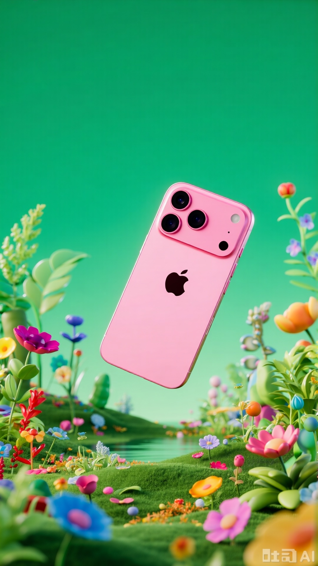 iPhone 17 Pro,a pink mobile phone floating in the air,surrounded by a variety of colorful flowers and plants. Surreal,fantastical scene design,bright colors,green main tone,with ultra-high resolution and HD images,high resolution 3D rendering,,XlujiajiaQw,XmupeulingHY3,XiPhone17Pro