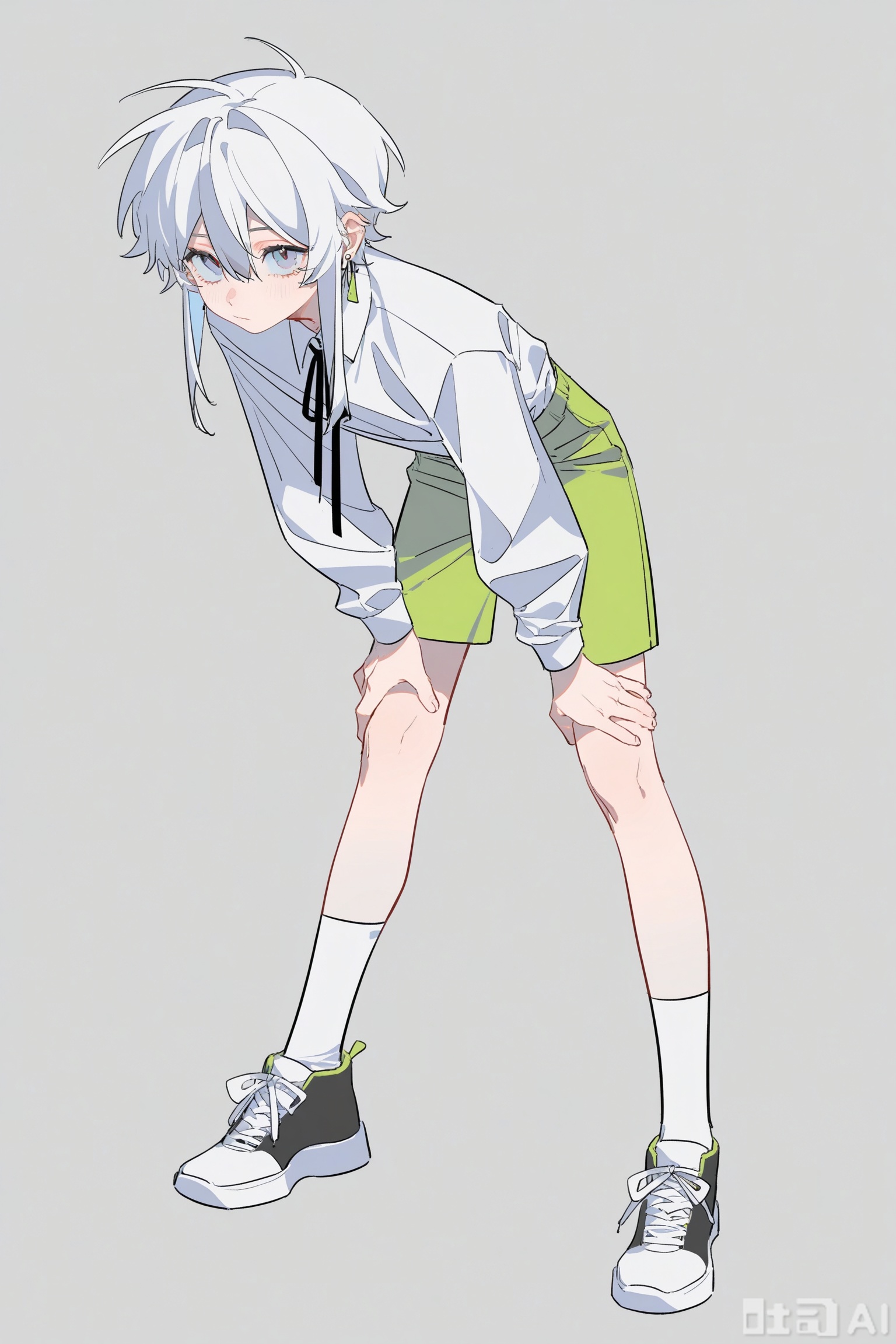 (artist: molu stranger),(artist: ccroquette:1.3), (artist: ASK:1.1), (artist: yoneyama ma i:0.8), (artist: INPLICK:0.7), artist: zhibuji loom,(artist: pottsness:0.5), artist: AU,solo, looking at viewer, blue eyes, shirt, long sleeves, 1girl, ribbon, hair between eyes, jewelry, standing, full body, white shirt, white hair, male focus, earrings, shoes, shorts, socks, collared shirt, grey background, leaning forward, bent over, white socks, sneakers, short hair with long locks, androgynous, green shorts,Riko