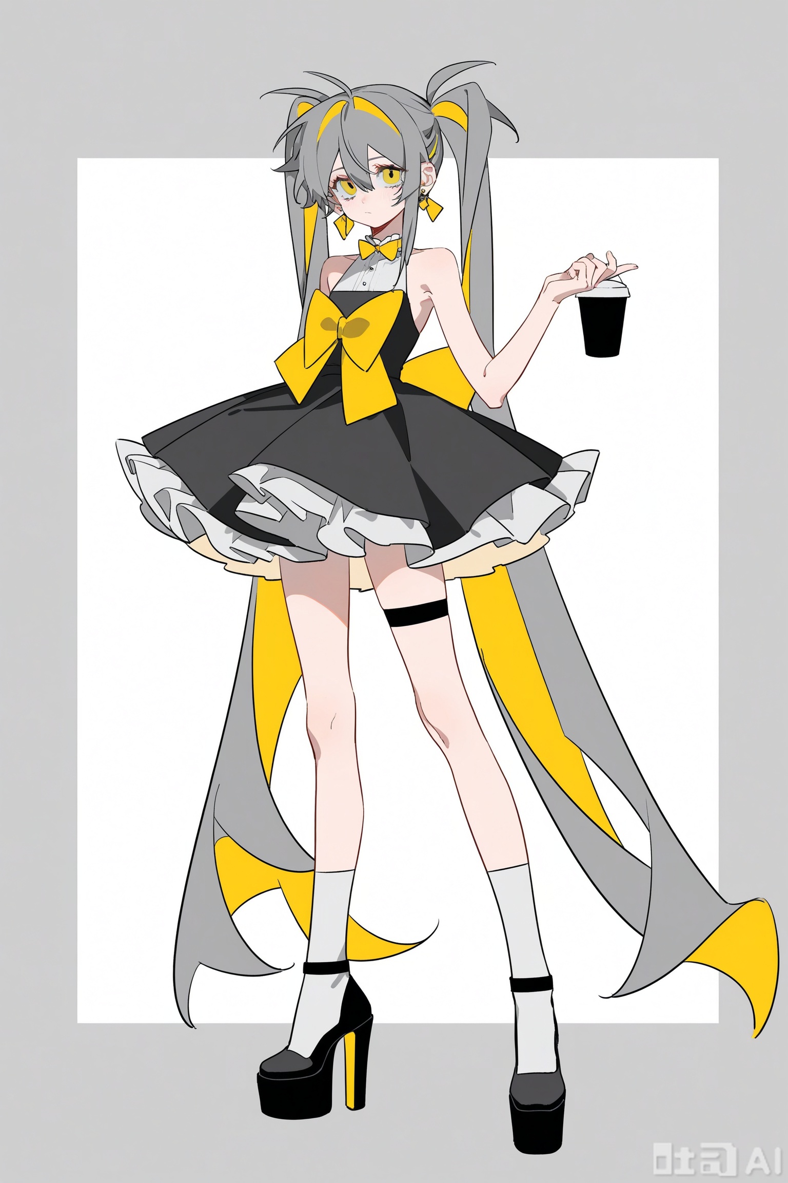 (artist: molu stranger),(artist: ccroquette:1.3), (artist: ASK:1.1), (artist: yoneyama ma i:0.8), (artist: INPLICK:0.7), artist: zhibuji loom,(artist: pottsness:0.5), artist: AU,1girl, solo, long hair, looking at viewer, bangs, skirt, blonde hair, simple background, shirt, white background, dress, bow, ribbon, holding, hair between eyes, bare shoulders, twintails, jewelry, very long hair, standing, full body, yellow eyes, white shirt, grey hair, multicolored hair, earrings, frills, sleeveless, socks, black skirt, grey background, black footwear, high heels, thigh strap, sleeveless dress, white bow, white socks, two-tone background, yellow bow, absurdly long hair, platform footwear,Riko