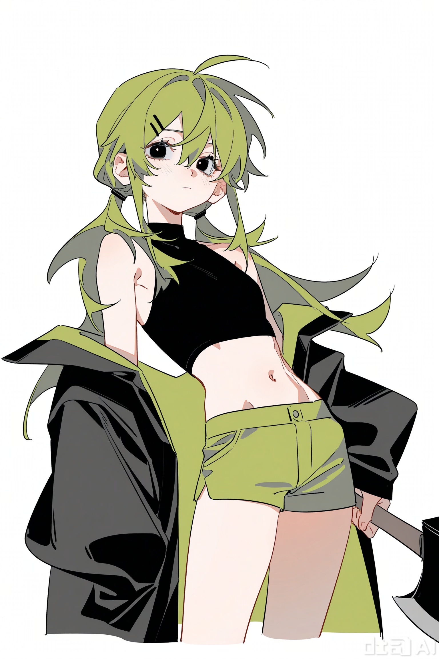 (artist: molu stranger),(artist: ccroquette:1.3), (artist: ASK:1.1), (artist: yoneyama ma i:0.8), (artist: INPLICK:0.7), artist: zhibuji loom,(artist: pottsness:0.5), artist: AU,Riko,high saturation,1girl, solo, long hair, looking at viewer, simple background, hair ornament, white background, closed mouth, jacket, ahoge, green hair, Double ponytails, low ponytails,shorts, sleeveless, hairclip, off shoulder, black eyes, coat, black jacket, cropped legs, axe, green shorts