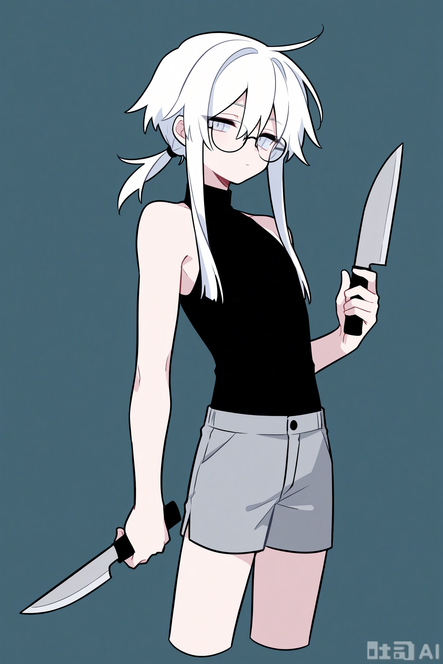 solo, looking at viewer, blue eyes, simple background, shirt, 1girl, holding, bare shoulders, closed mouth, ponytail, weapon, white hair, Half-closed eyes, white eyes, low ponytail,male focus, sidelocks, cowboy shot, glasses, shorts, sleeveless, holding weapon, bare arms, black shirt, sleeveless shirt, turtleneck, blue background, knife, short hair with long locks, androgynous, cropped legs, holding knife, grey shorts