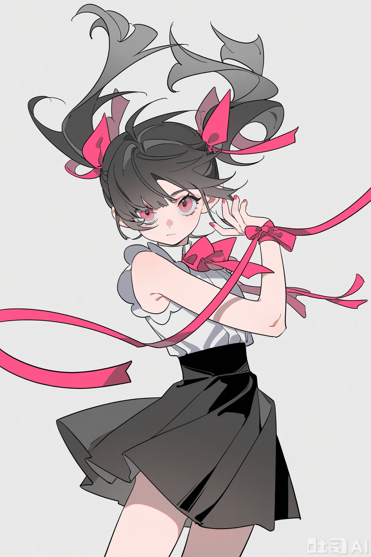 (artist: molu stranger),(artist: ccroquette:1.3), (artist: ASK:1.1), (artist: yoneyama ma i:0.8), (artist: INPLICK:0.7), artist: zhibuji loom,(artist: pottsness:0.5), artist: AU,1girl, solo, long hair, looking at viewer, bangs, skirt, shirt, black hair, red eyes, bow, ribbon, twintails, hair ribbon, white shirt, grey hair, sleeveless, black skirt, pink eyes, grey background, nail polish, red ribbon, floating hair, pink ribbon,Riko