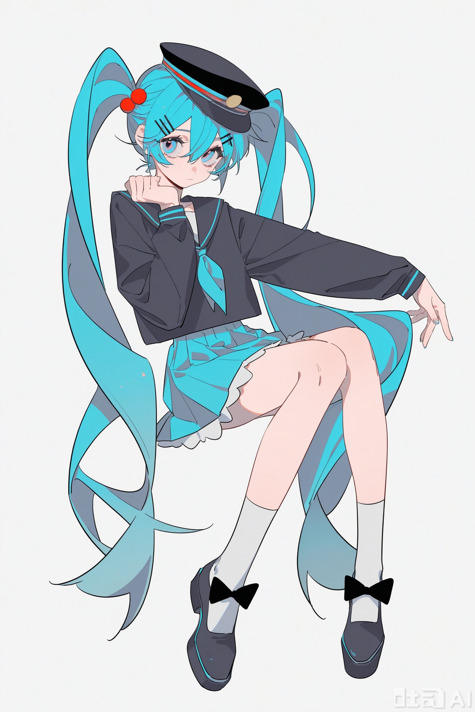 (artist: molu stranger),(artist: ccroquette:1.3), (artist: ASK:1.1), (artist: yoneyama ma i:0.8), (artist: INPLICK:0.7), artist: zhibuji loom,(artist: pottsness:0.5), artist: AU,1girl, solo, long hair, looking at viewer, bangs, blue eyes, skirt, simple background, shirt, hair ornament, long sleeves, hat, white background, dress, bow, hair between eyes, twintails, sitting, very long hair, closed mouth, blue hair, full body, shoes, black headwear, knees together feet apart, invisible chair, hatsune miku, yuki miku,Riko