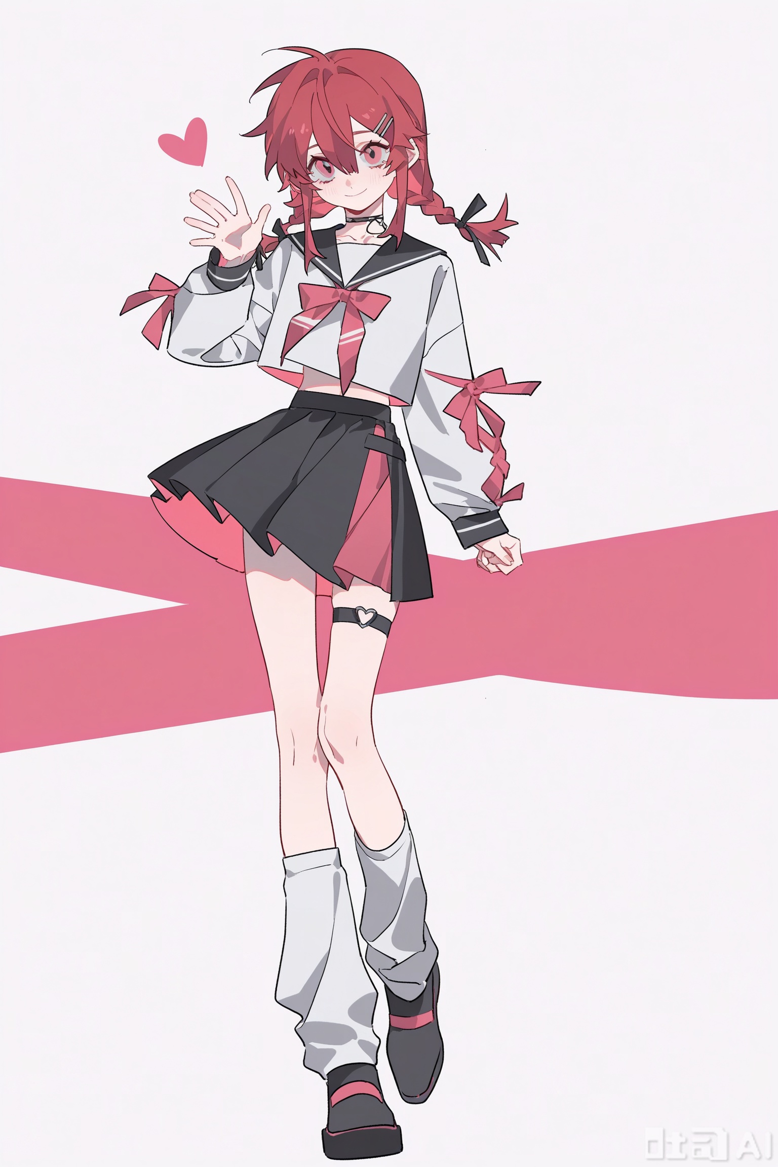 (artist: molu stranger),(artist: ccroquette:1.3), (artist: ASK:1.1), (artist: yoneyama ma i:0.8), (artist: INPLICK:0.7), artist: zhibuji loom,(artist: pottsness:0.5), artist: AU,1girl, solo, looking at viewer, smile, bangs, skirt, shirt, hair ornament, red eyes, long sleeves, white background, ribbon, hair between eyes, jewelry, full body, hair ribbon, braid, heart, red hair, shoes, socks, hairclip, striped, hand up, black skirt, pink eyes, black footwear, twin braids, thigh strap, loose socks, leg warmers,Riko