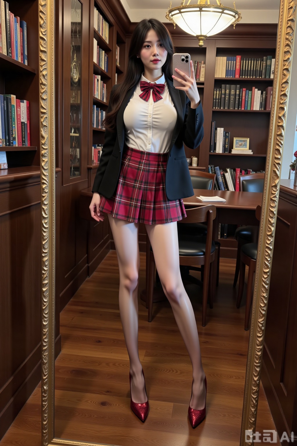 Realistic photo of a young woman with long hair, fair skin, big breasts, school uniform, plaid skirt, shiny stockings, long legs, red sequined high heels, full body, luxury library, taking selfie in front of the mirror with a mobile phone,
