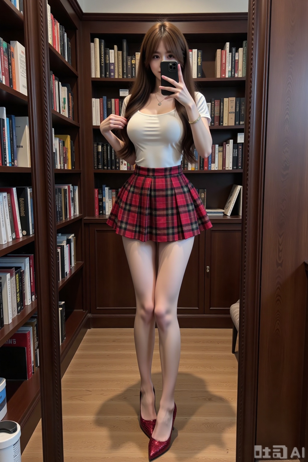 Realistic photo of a young woman with long hair, fair skin, big breasts, school uniform, plaid skirt, shiny stockings, long legs, red sequined high heels, full body, luxury library, taking selfie in front of the mirror with a mobile phone,