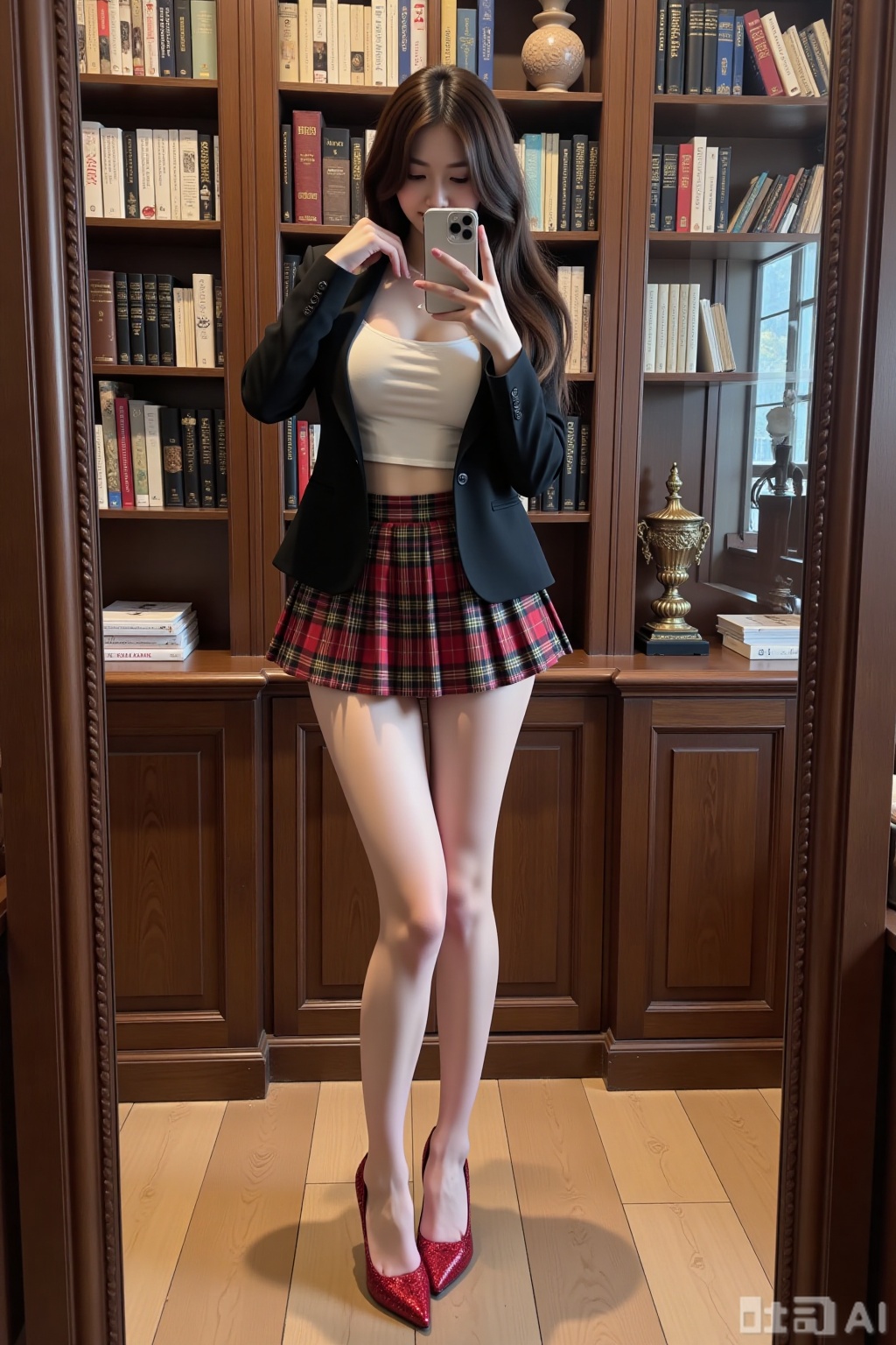 Realistic photo of a young woman with long hair, fair skin, big breasts, school uniform, plaid skirt, shiny stockings, long legs, red sequined high heels, full body, luxury library, taking selfie in front of the mirror with a mobile phone,