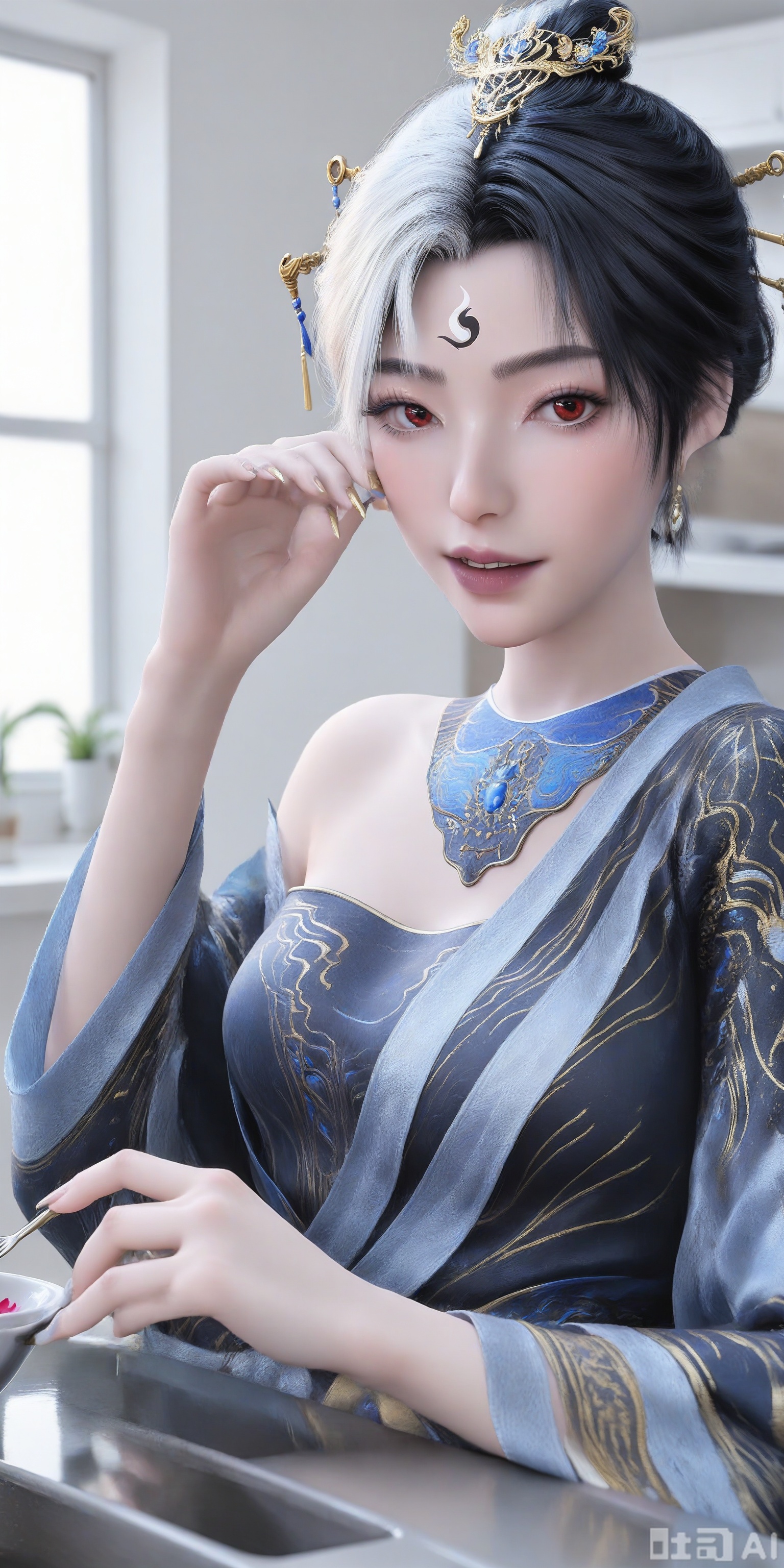 score_9,score_8_up,score_7_up,1girl,looking_at_viewer,realistic,1girl,Vivid Colors,bright environment,delicate water,hair_ornament,shiny skin,shiny hair,reflection,(wariza:1.2),dress,jewelry,flower sea,falling petals,extreme detail description,(upper body:1),put one hand on your side,kitchen,kitchen,long_hair,(skindentation:1.3),Fishnet stockings,yinyang,This is yinyang, this is a highly detailed digital artwork of an ethereal, fair-skinned woman with a pale complexion and striking red eyes, she has a distinctive hairstyle with black and white hair, adorned with gold and blue ornamental hairpins, she wears an elaborate, black and blue kimono-style dress with gold and white accents, featuring intricate patterns and a high collar with a blue, ornate jewel at the center,