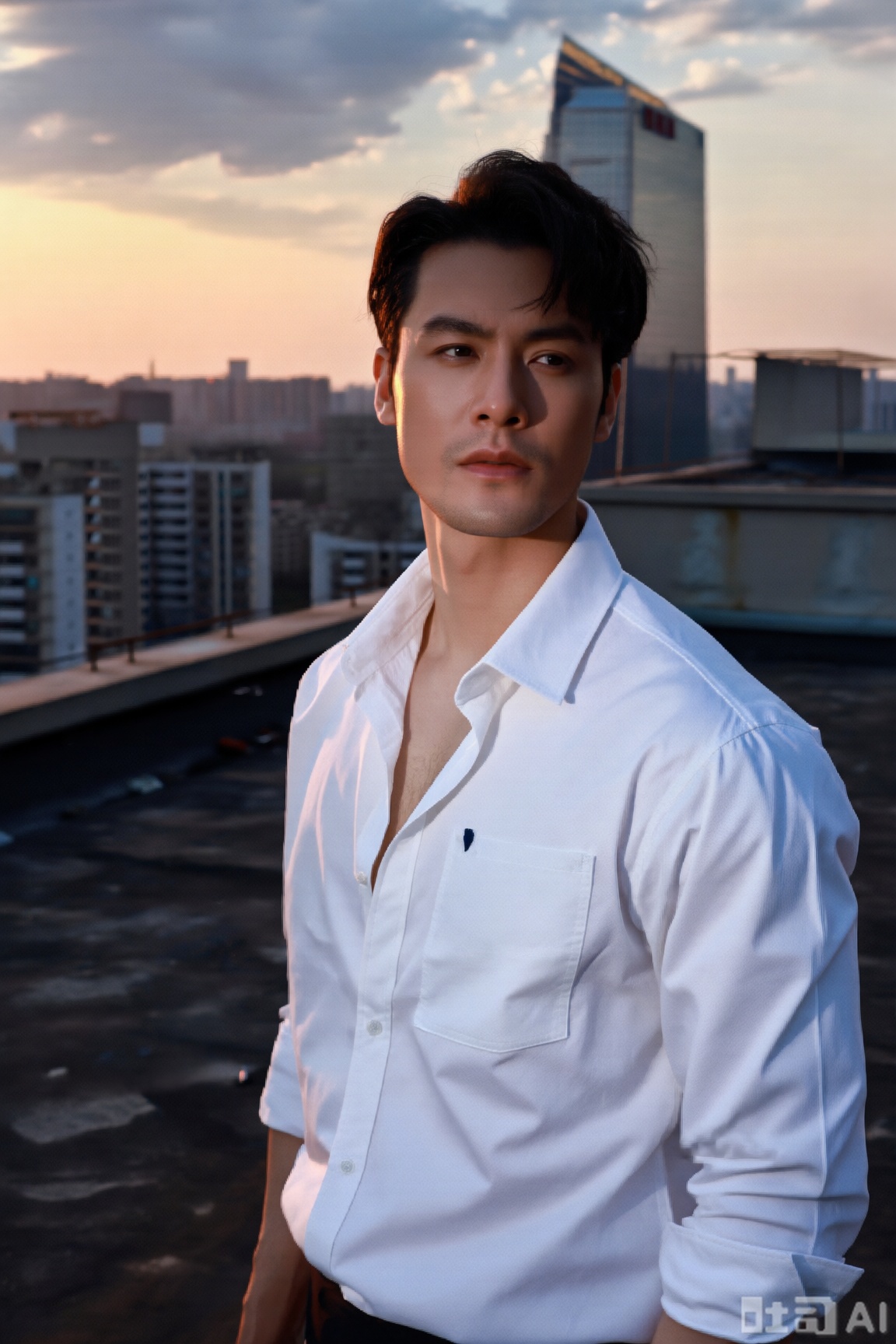 穿着白色衬衫、领口微敞的型男,站在城市天台边缘。风格为电影写真,在天空云层和人物衬衫纹理处增加颗粒感,提升真实度。光线用日落时分的金色逆光,人物面部补冷调反光,渲染上叠加轻微胶片质感,色彩以暖橙与冷蓝撞色为主。背景将远处城市建筑群做动态模糊,采用半俯视视角,展现型男与城市交融的氛围感。

