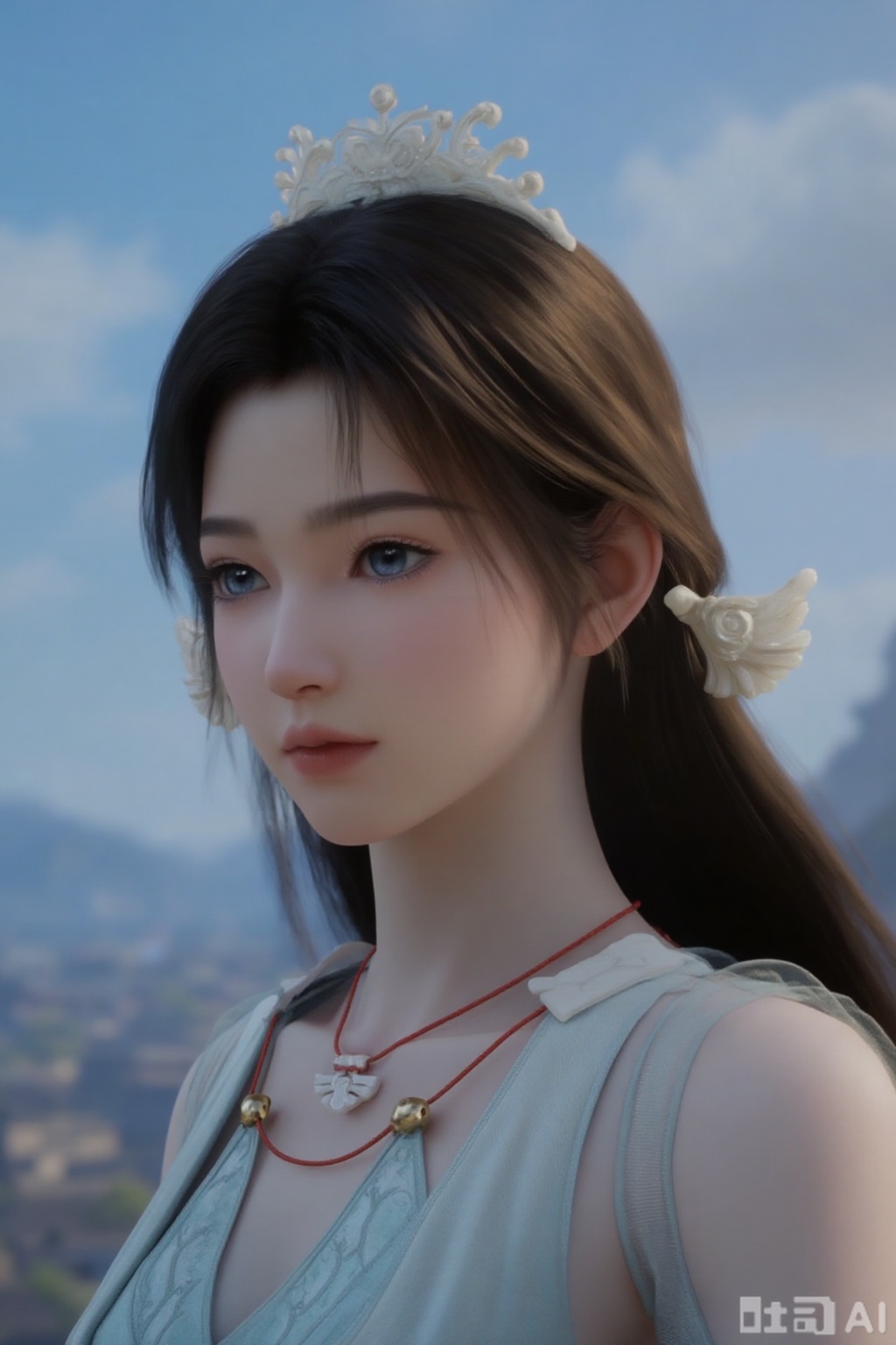 1girl, long hair, blue eyes, brown hair, hair ornament, dress, jewelry, closed mouth, upper body, ponytail, earrings, outdoors, sky, solo focus, day, necklace, blurry, blue sky, looking to the side, blurry background, chinese clothes, realistic