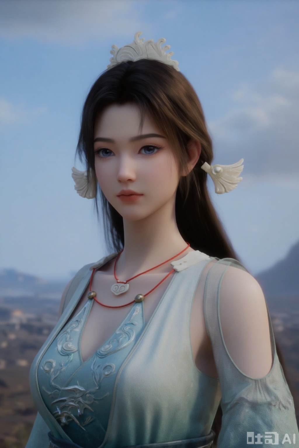1girl, long hair, blue eyes, brown hair, hair ornament, dress, jewelry, closed mouth, upper body, ponytail, earrings, outdoors, sky, solo focus, day, necklace, blurry, blue sky, looking to the side, blurry background, chinese clothes, realistic