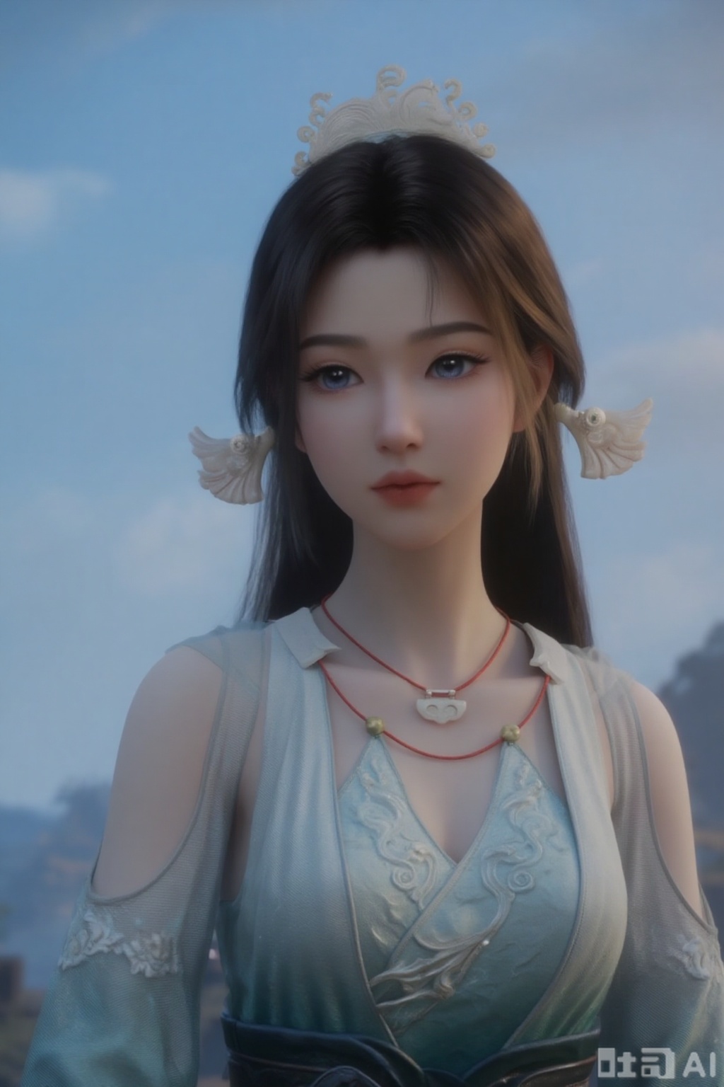 1girl, long hair, blue eyes, brown hair, hair ornament, dress, jewelry, closed mouth, upper body, ponytail, earrings, outdoors, sky, solo focus, day, necklace, blurry, blue sky, looking to the side, blurry background, chinese clothes, realistic